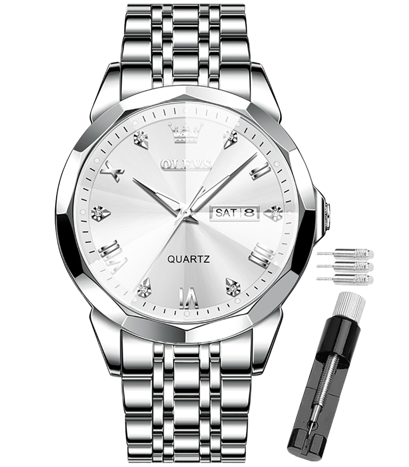 OLEVS Male Wrist Watches, Analog Quartz Business Stainless Steel Waterproof Luminous Watches Luxury Casual Big Diamond Dial Date Multi-Function Chronograph Watches for Man