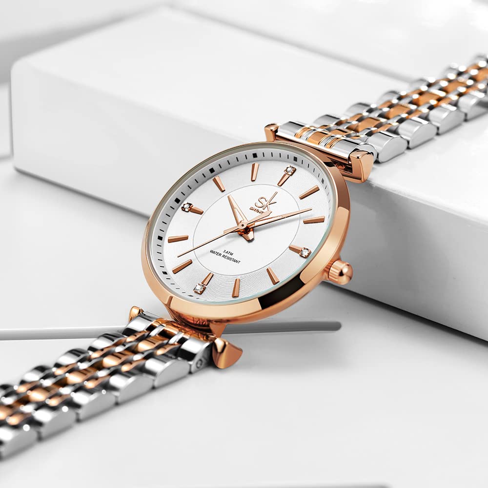 SHENGKE SK Classic Donne Orologi Moda Donne Dress Watch Solido Acciaio Inox Band Cinturino in Vera Pelle