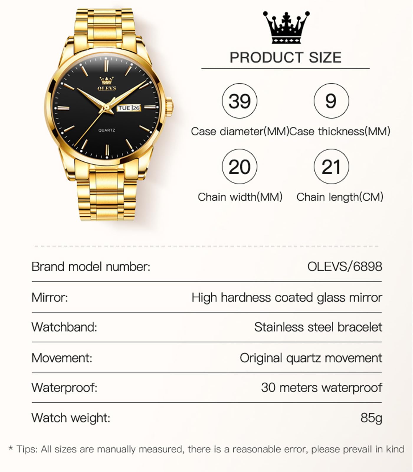 OLEVS Male Wrist Watches, Analog Quartz Business Stainless Steel Waterproof Luminous Watches Luxury Casual Big Diamond Dial Date Multi-Function Chronograph Watches for Man
