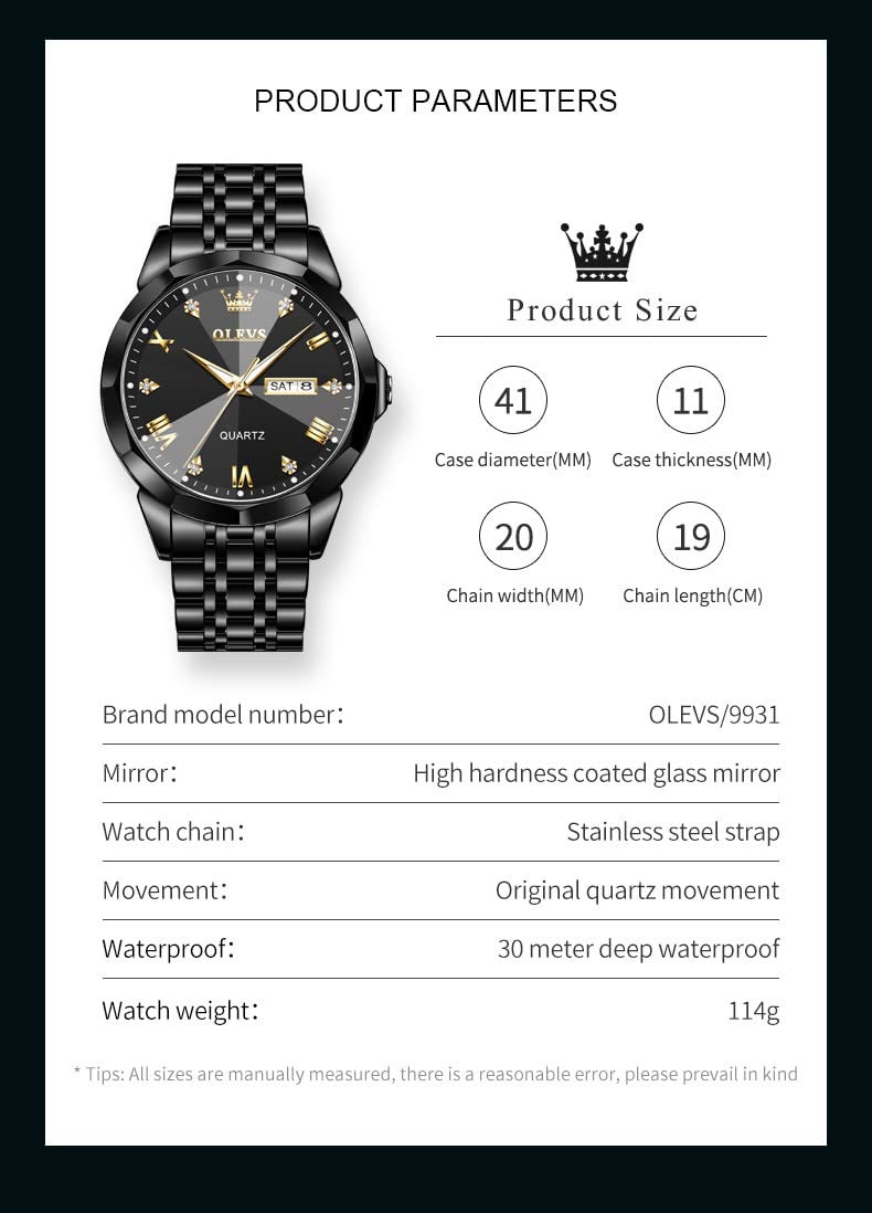 OLEVS Male Wrist Watches, Analog Quartz Business Stainless Steel Waterproof Luminous Watches Luxury Casual Big Diamond Dial Date Multi-Function Chronograph Watches for Man