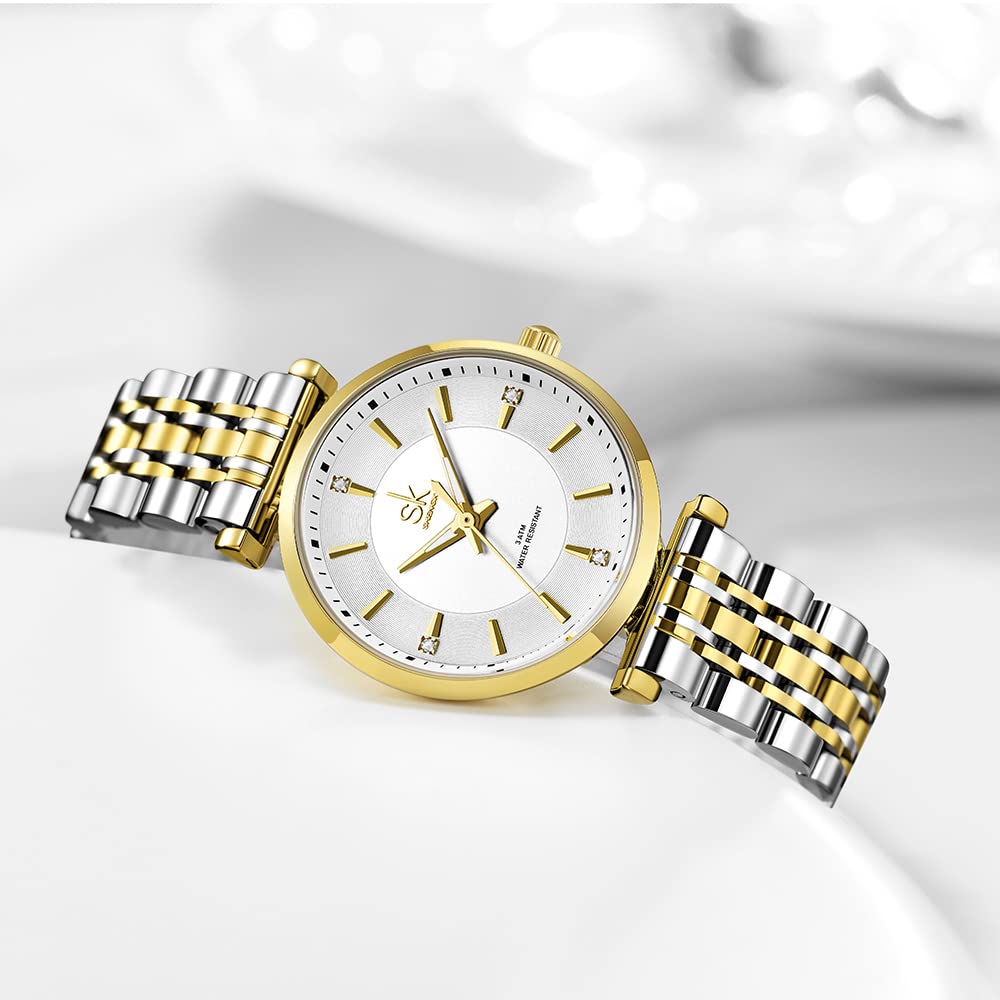 SHENGKE SK Classic Donne Orologi Moda Donne Dress Watch Solido Acciaio Inox Band Cinturino in Vera Pelle