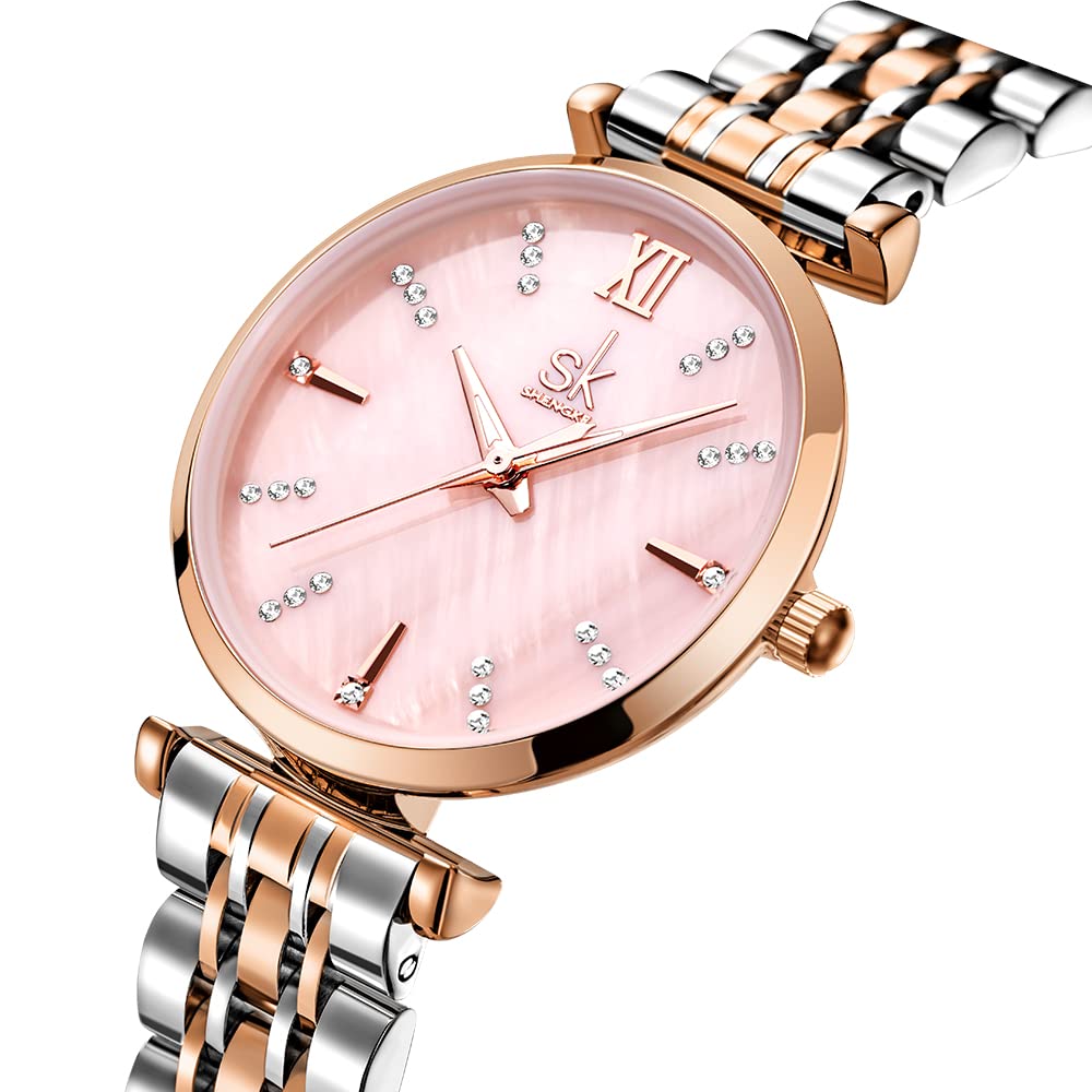 SHENGKE SK Classic Donne Orologi Moda Donne Dress Watch Solido Acciaio Inox Band Cinturino in Vera Pelle