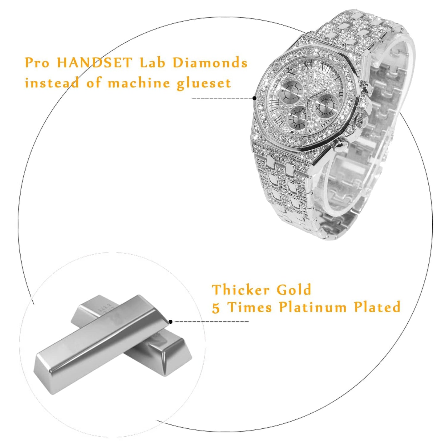 HALUKAKAH Diamonds Gold Watch, Men's 18K Real Gold Plated/White Gold Platinum 40 mm Wide Roman Numerals Dial Quartz Strap 22 cm with Cuban Link Chain 20+45 cm Necklace Bracelet with Box