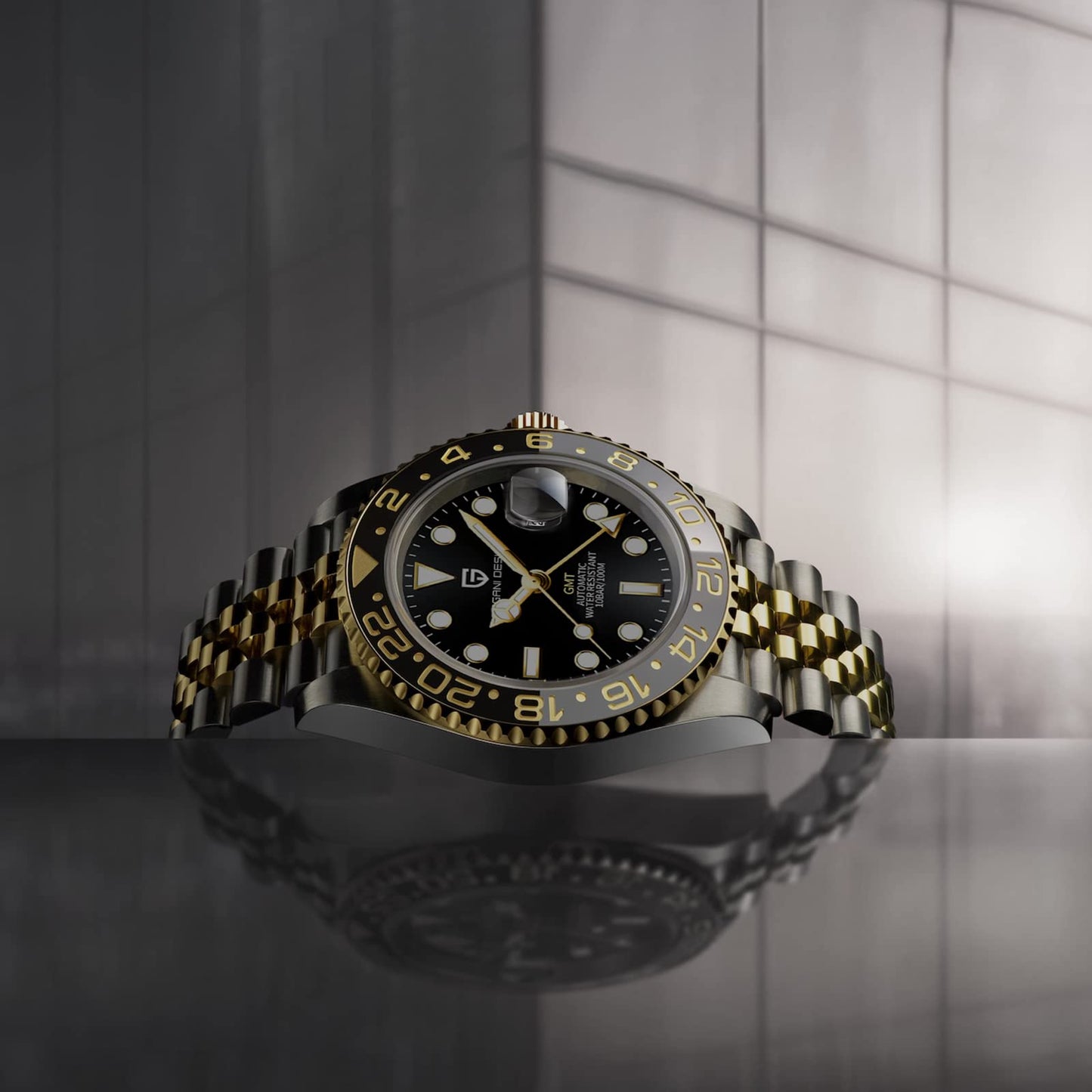 Pagani Design GMT Orologio da Uomo Orologio Meccanico Automatico Acciaio Inossidabile Impermeabile 100M, Data, Luminoso, Lunetta in Ceramica, Vetro Zaffiro Orologi da Polso
