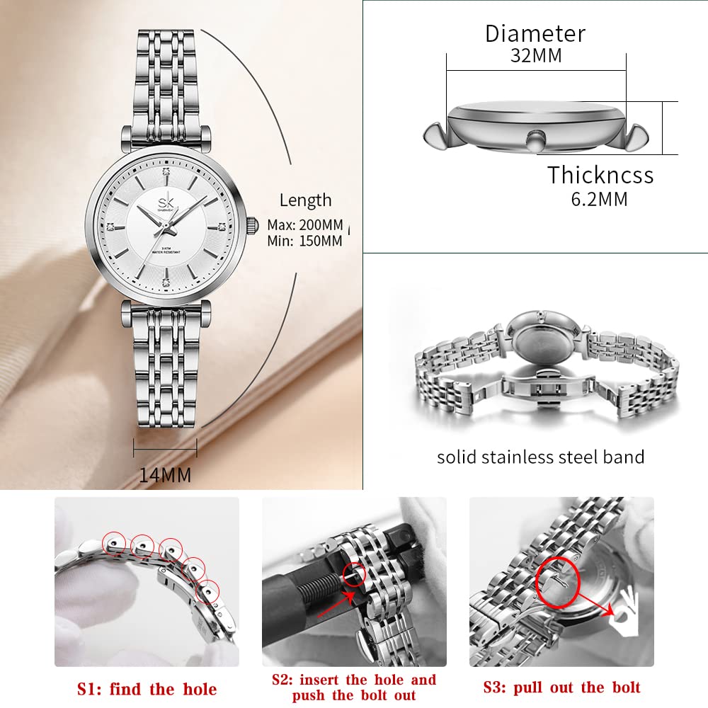 SHENGKE SK Classic Donne Orologi Moda Donne Dress Watch Solido Acciaio Inox Band Cinturino in Vera Pelle
