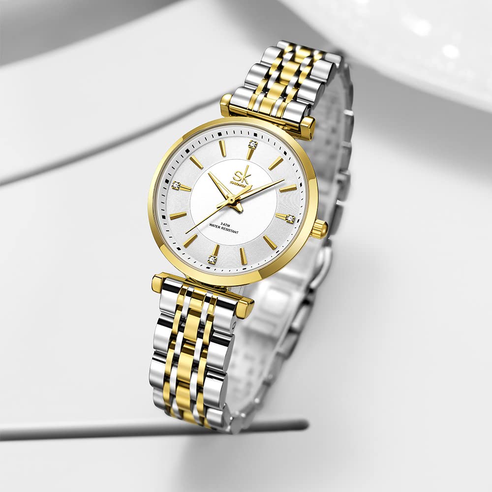 SHENGKE SK Classic Donne Orologi Moda Donne Dress Watch Solido Acciaio Inox Band Cinturino in Vera Pelle