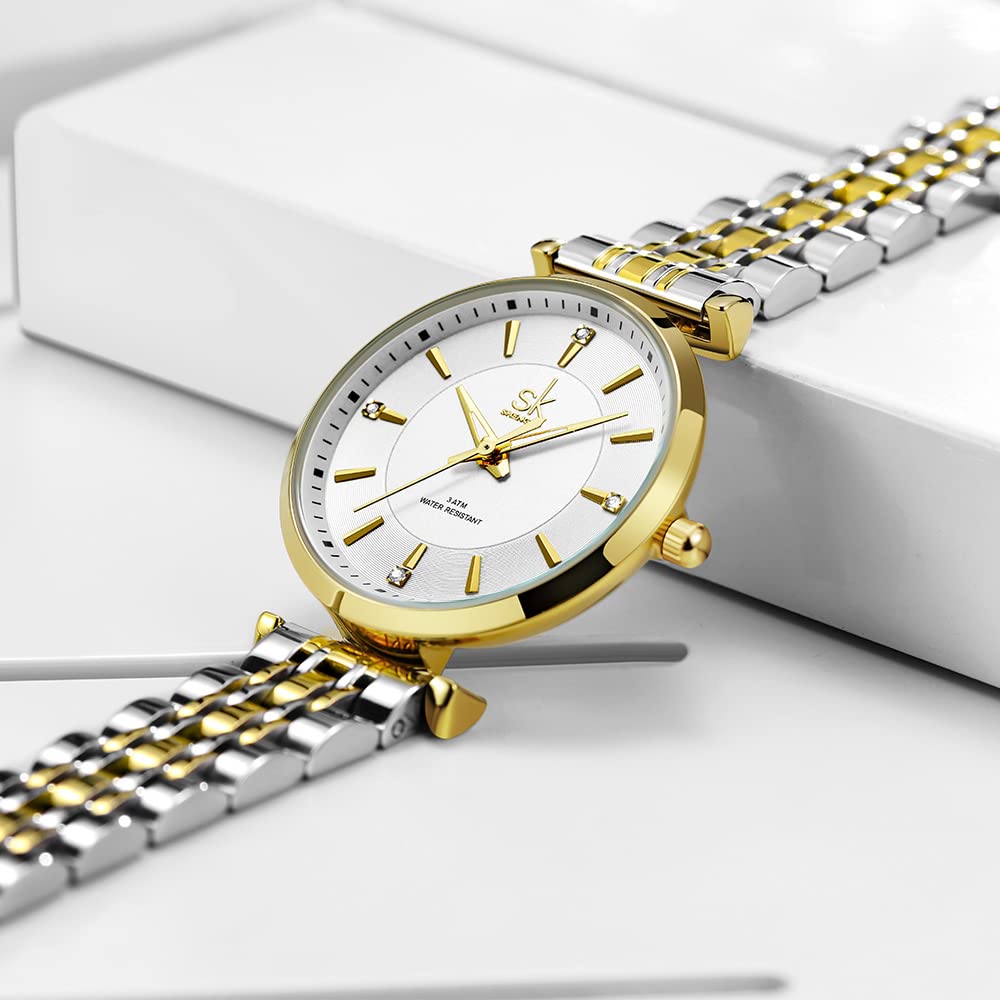 SHENGKE SK Classic Donne Orologi Moda Donne Dress Watch Solido Acciaio Inox Band Cinturino in Vera Pelle