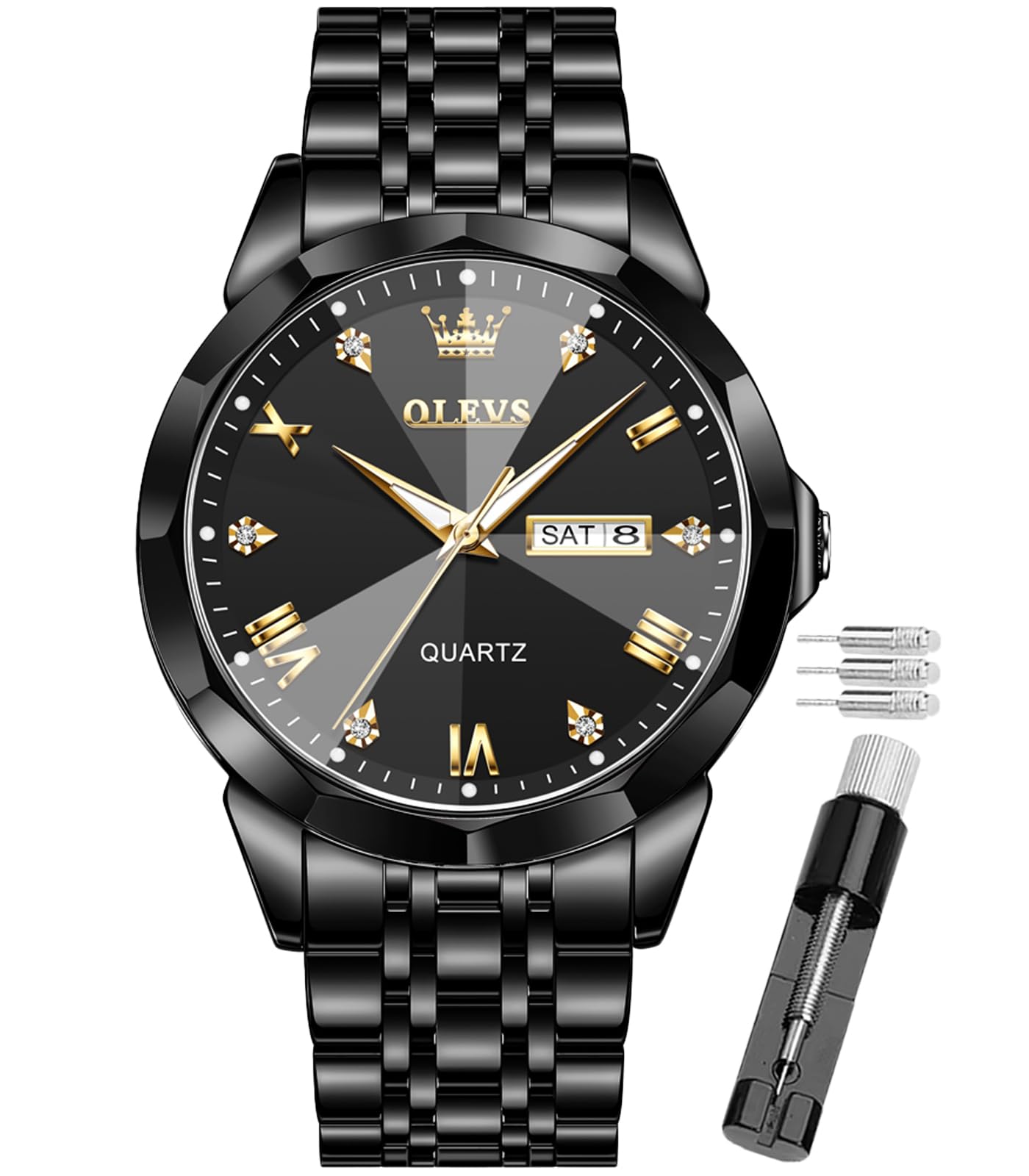 OLEVS Male Wrist Watches, Analog Quartz Business Stainless Steel Waterproof Luminous Watches Luxury Casual Big Diamond Dial Date Multi-Function Chronograph Watches for Man