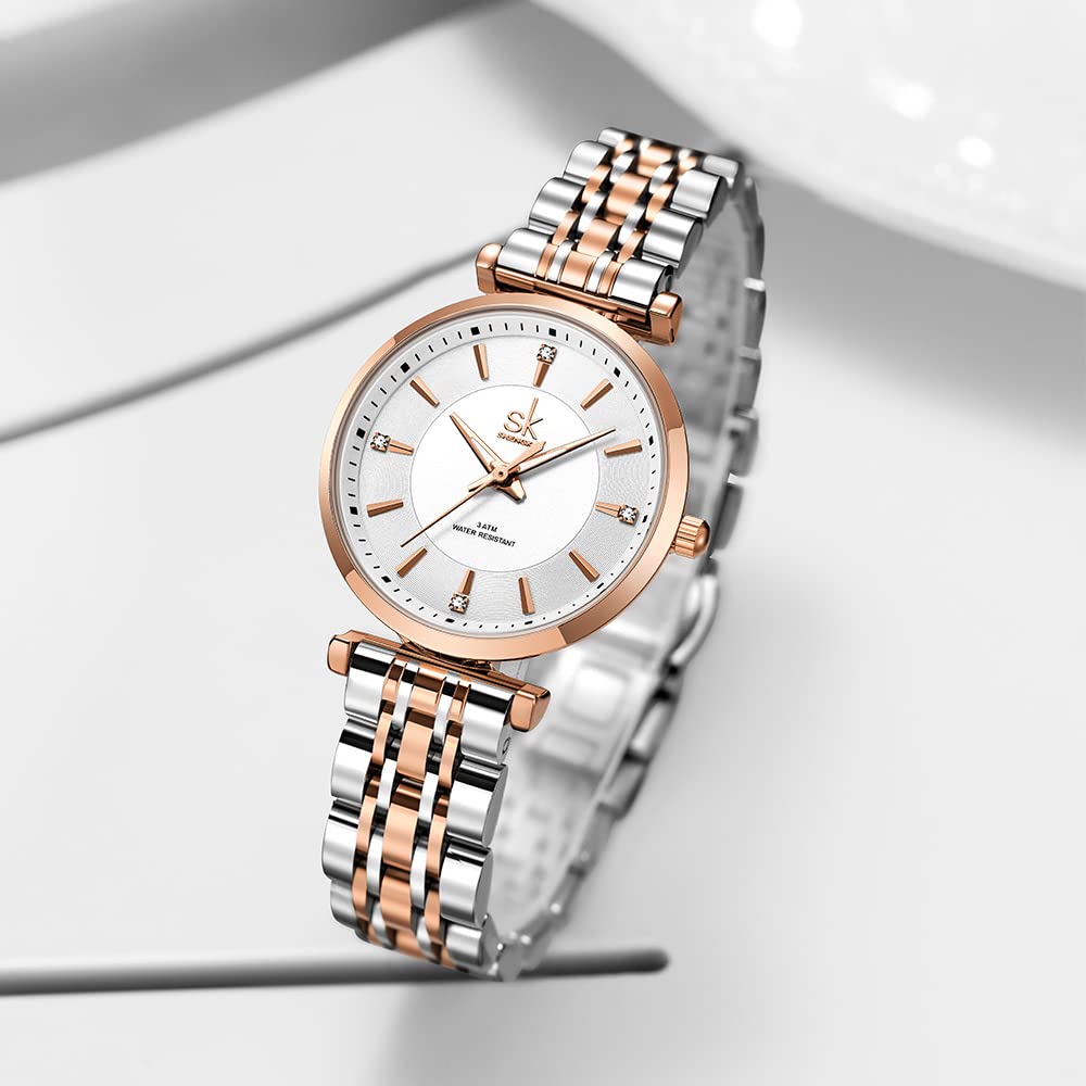 SHENGKE SK Classic Donne Orologi Moda Donne Dress Watch Solido Acciaio Inox Band Cinturino in Vera Pelle
