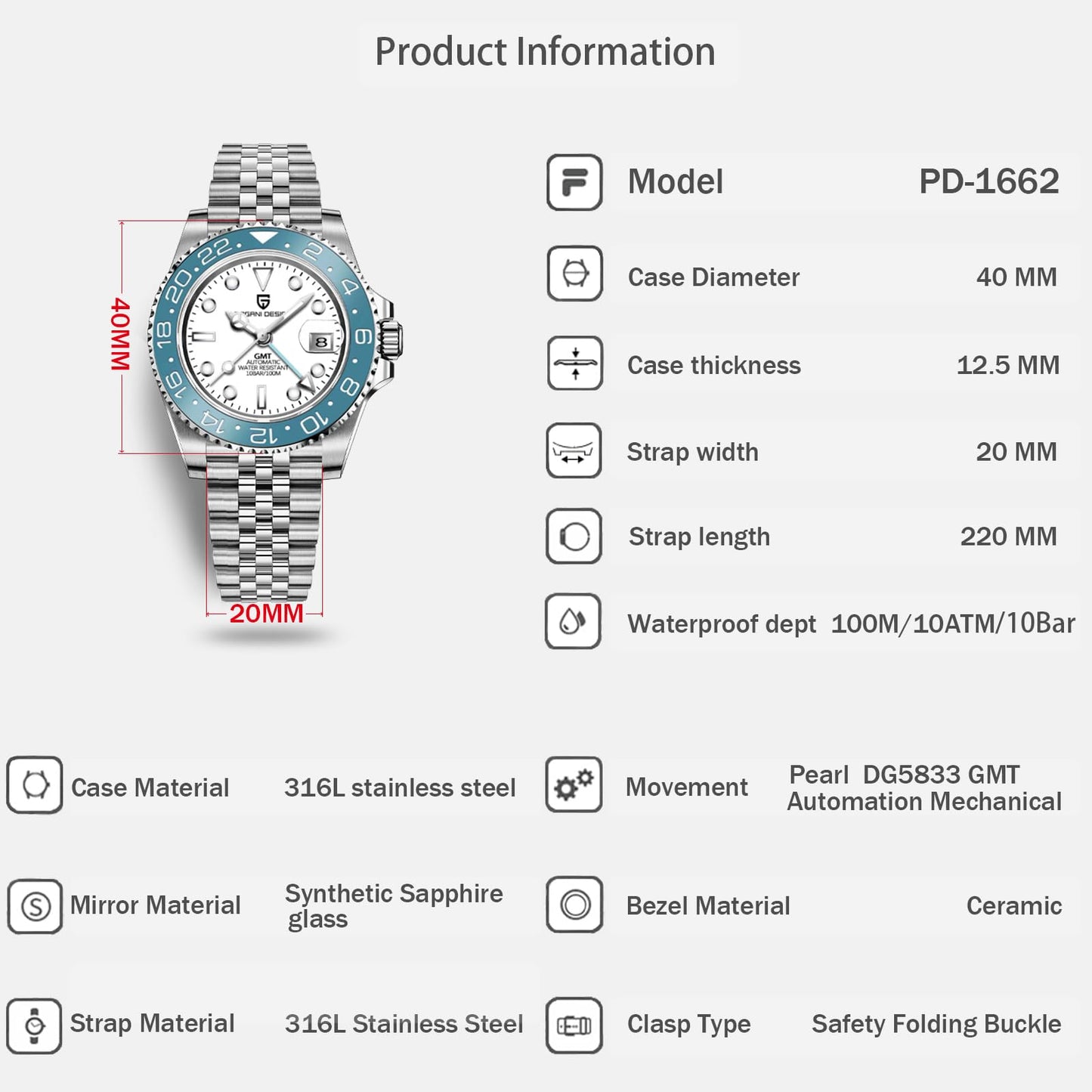 Pagani Design GMT Orologio da Uomo Orologio Meccanico Automatico Acciaio Inossidabile Impermeabile 100M, Data, Luminoso, Lunetta in Ceramica, Vetro Zaffiro Orologi da Polso