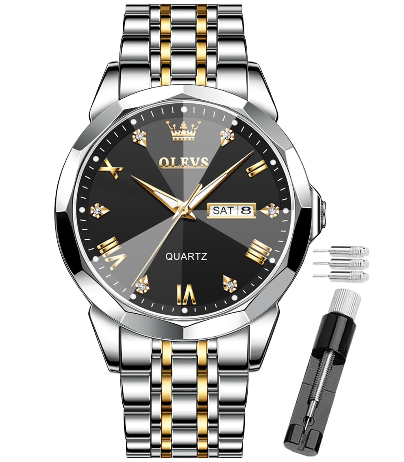 OLEVS Male Wrist Watches, Analog Quartz Business Stainless Steel Waterproof Luminous Watches Luxury Casual Big Diamond Dial Date Multi-Function Chronograph Watches for Man