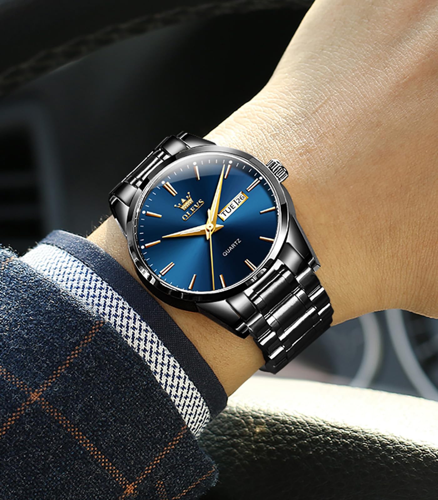 OLEVS Male Wrist Watches, Analog Quartz Business Stainless Steel Waterproof Luminous Watches Luxury Casual Big Diamond Dial Date Multi-Function Chronograph Watches for Man