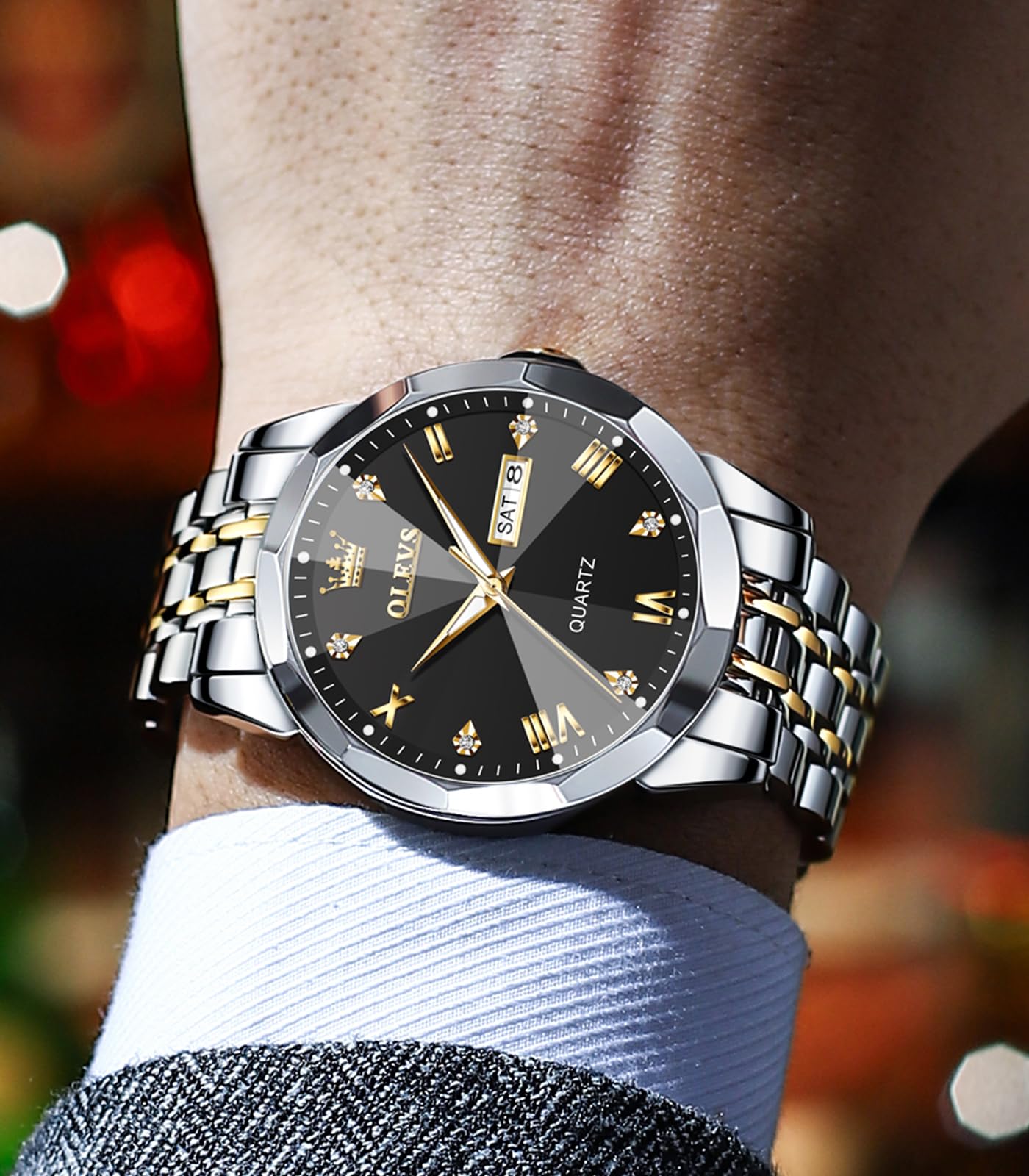 OLEVS Male Wrist Watches, Analog Quartz Business Stainless Steel Waterproof Luminous Watches Luxury Casual Big Diamond Dial Date Multi-Function Chronograph Watches for Man