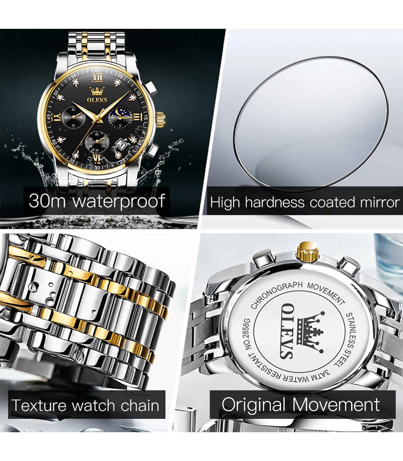 OLEVS Male Wrist Watches, Analog Quartz Business Stainless Steel Waterproof Luminous Watches Luxury Casual Big Diamond Dial Date Multi-Function Chronograph Watches for Man