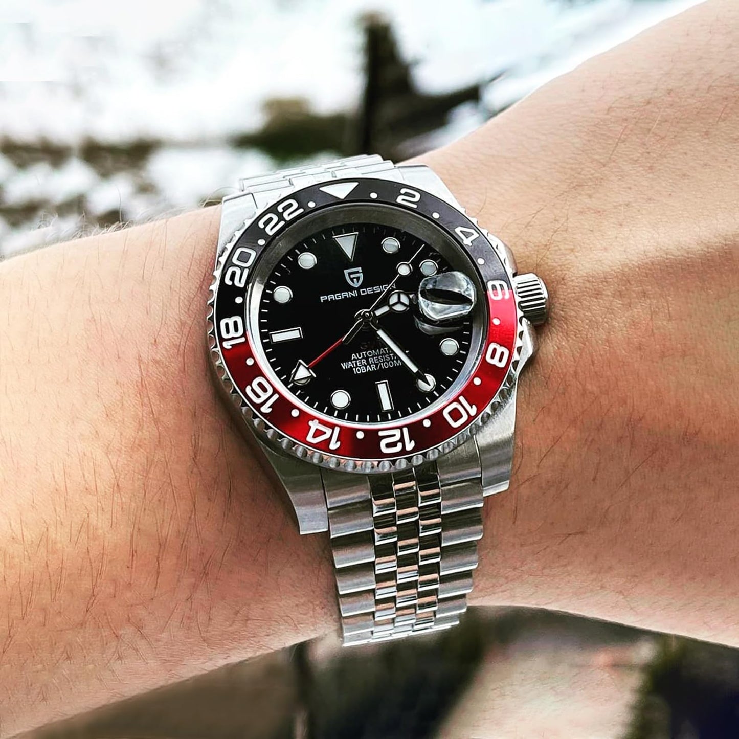 Pagani Design GMT Orologio da Uomo Orologio Meccanico Automatico Acciaio Inossidabile Impermeabile 100M, Data, Luminoso, Lunetta in Ceramica, Vetro Zaffiro Orologi da Polso