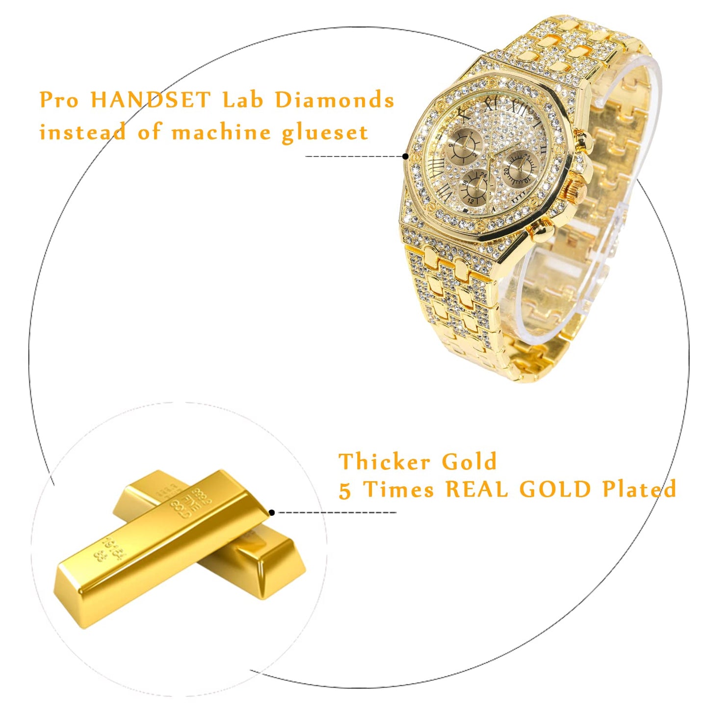 HALUKAKAH Diamonds Gold Watch, Men's 18K Real Gold Plated/White Gold Platinum 40 mm Wide Roman Numerals Dial Quartz Strap 22 cm with Cuban Link Chain 20+45 cm Necklace Bracelet with Box