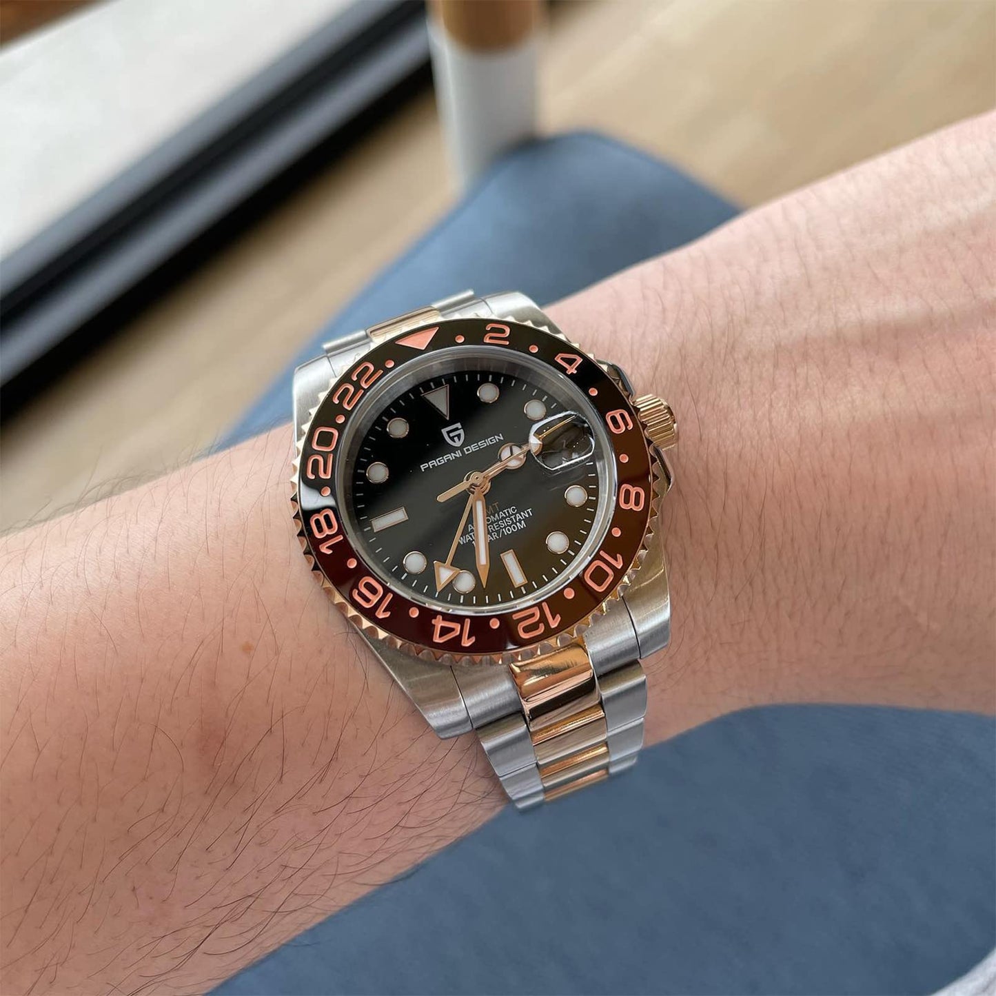 Pagani Design GMT Orologio da Uomo Orologio Meccanico Automatico Acciaio Inossidabile Impermeabile 100M, Data, Luminoso, Lunetta in Ceramica, Vetro Zaffiro Orologi da Polso