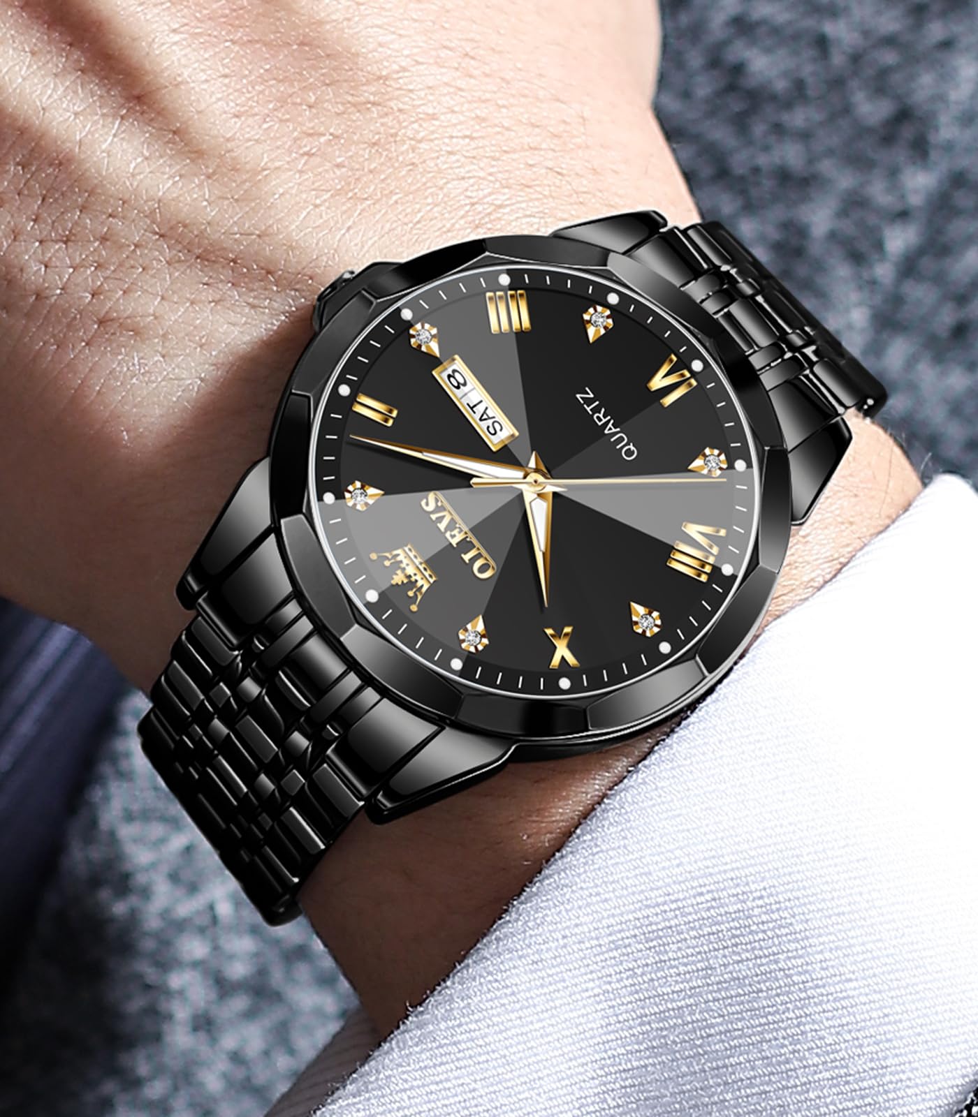OLEVS Male Wrist Watches, Analog Quartz Business Stainless Steel Waterproof Luminous Watches Luxury Casual Big Diamond Dial Date Multi-Function Chronograph Watches for Man