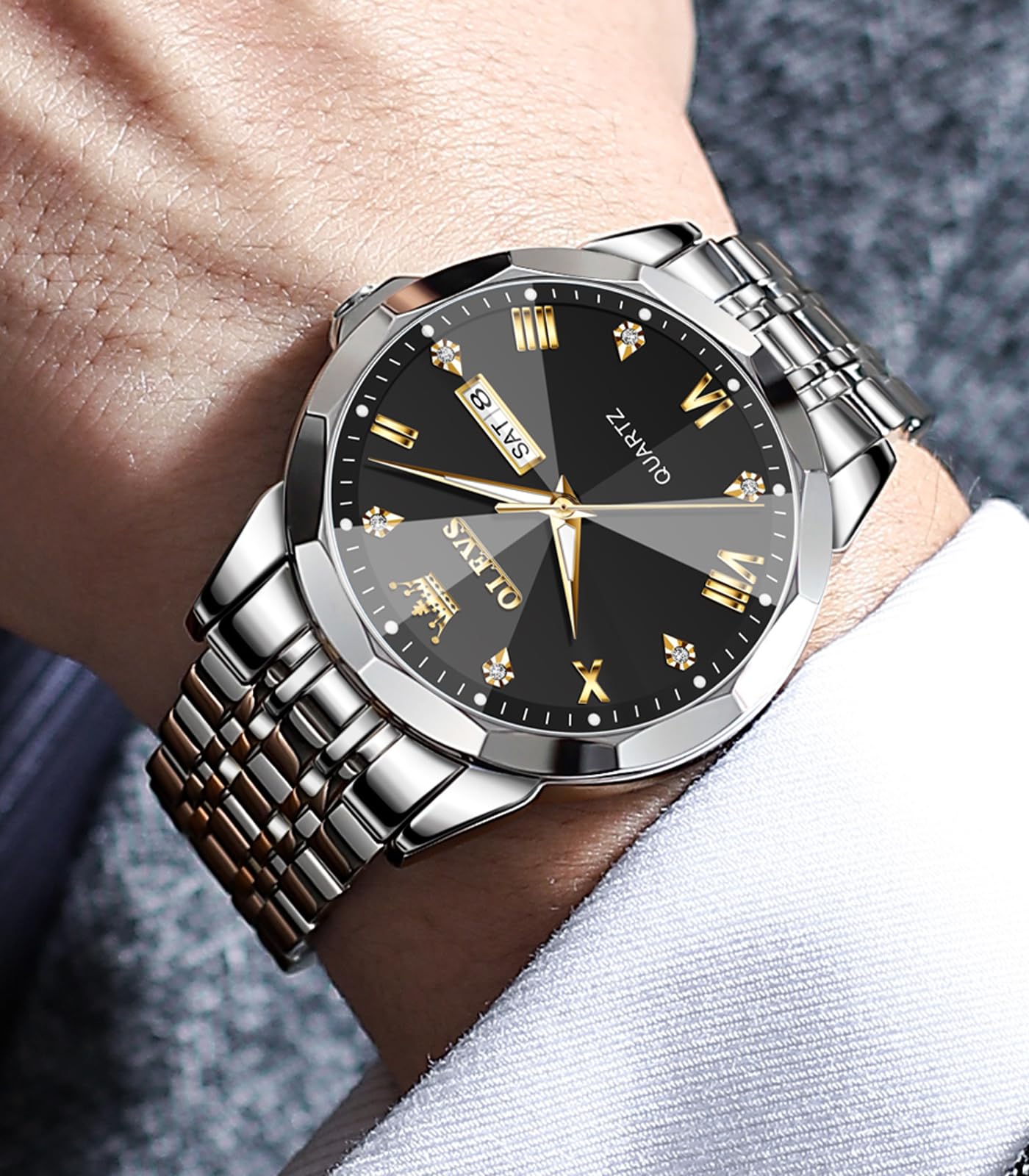 OLEVS Male Wrist Watches, Analog Quartz Business Stainless Steel Waterproof Luminous Watches Luxury Casual Big Diamond Dial Date Multi-Function Chronograph Watches for Man