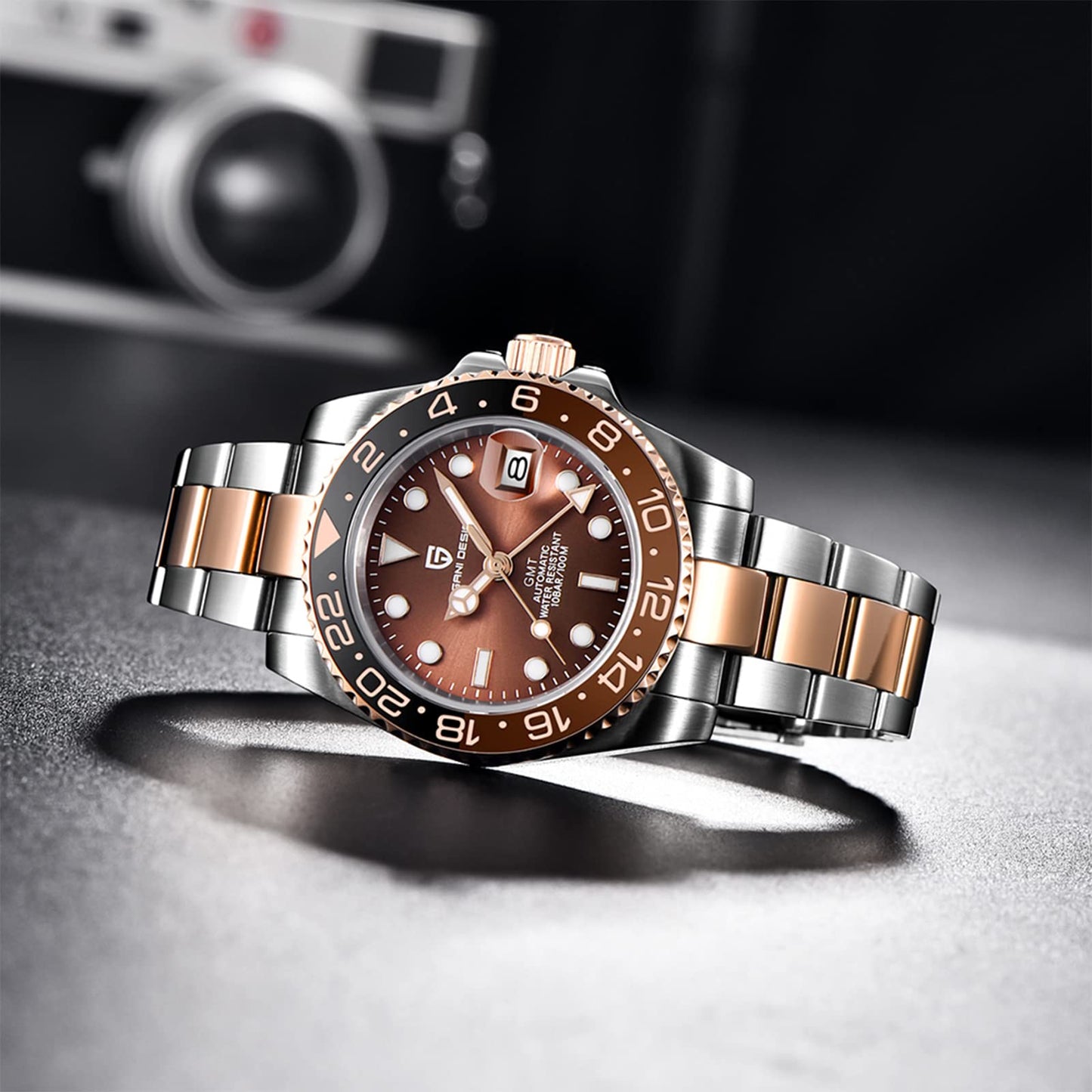 Pagani Design GMT Orologio da Uomo Orologio Meccanico Automatico Acciaio Inossidabile Impermeabile 100M, Data, Luminoso, Lunetta in Ceramica, Vetro Zaffiro Orologi da Polso