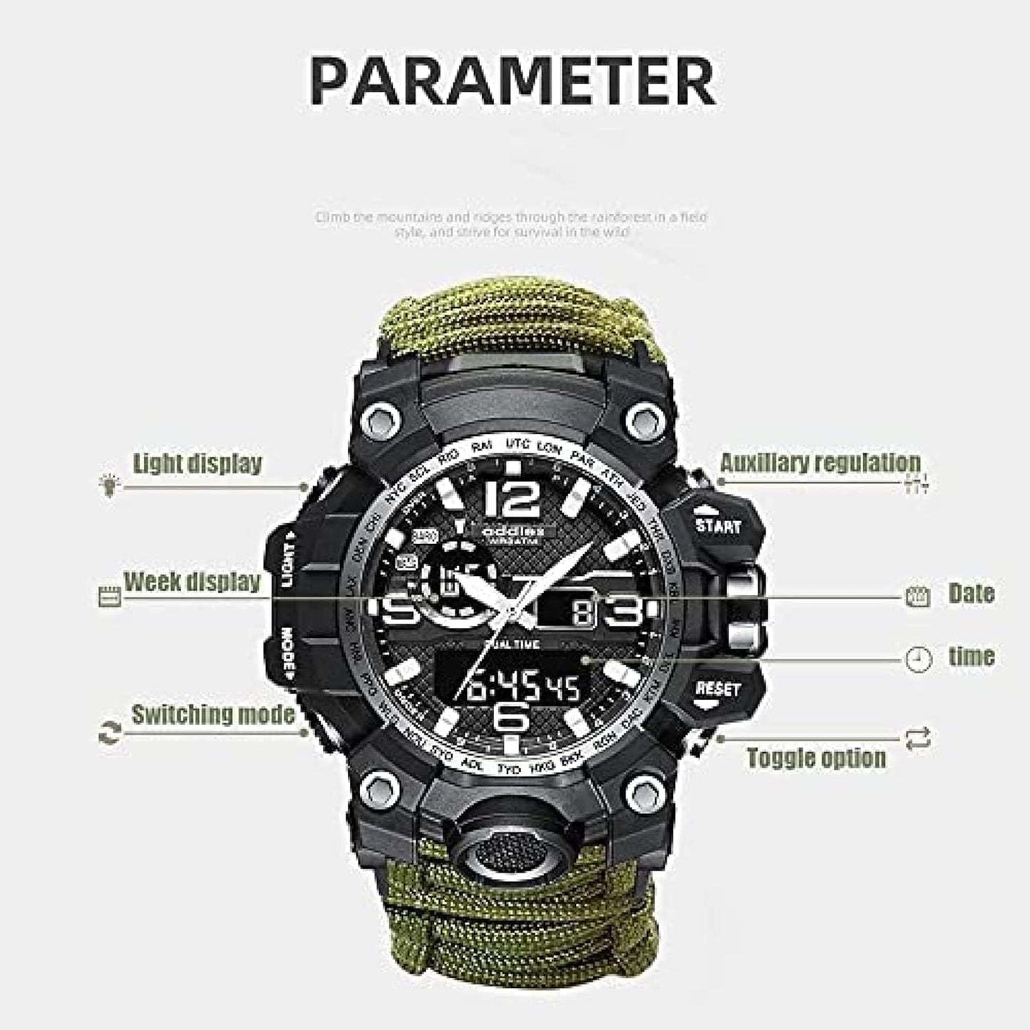 Orologio analogico militare, fischio esterno impermeabile luminoso da uomo bussola orologio da arrampicata multifunzione con cavo per ombrello, cronometro orario a doppio display