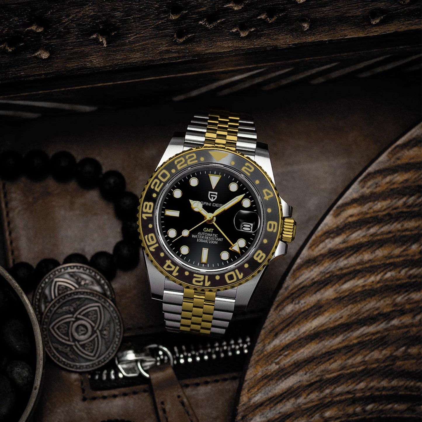 Pagani Design GMT Orologio da Uomo Orologio Meccanico Automatico Acciaio Inossidabile Impermeabile 100M, Data, Luminoso, Lunetta in Ceramica, Vetro Zaffiro Orologi da Polso