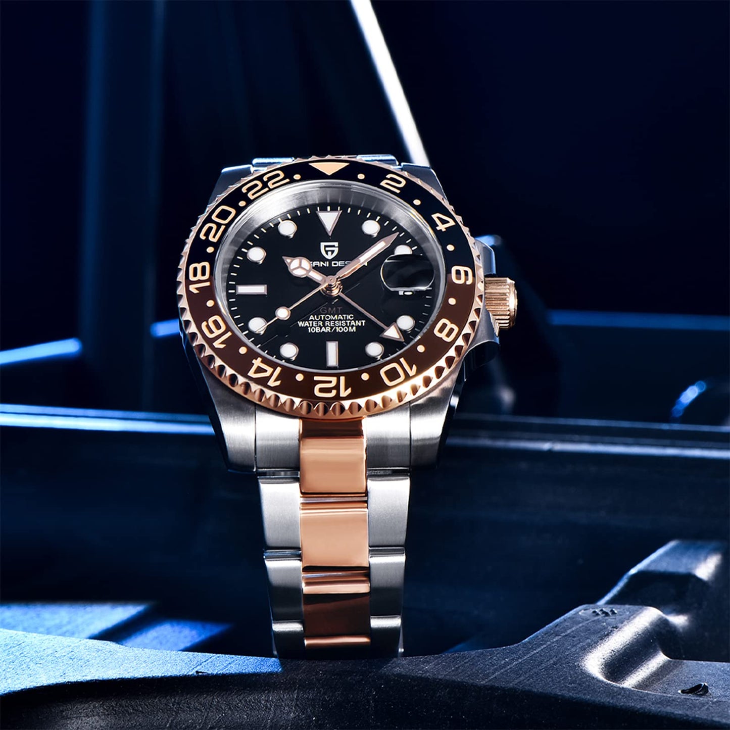 Pagani Design GMT Orologio da Uomo Orologio Meccanico Automatico Acciaio Inossidabile Impermeabile 100M, Data, Luminoso, Lunetta in Ceramica, Vetro Zaffiro Orologi da Polso