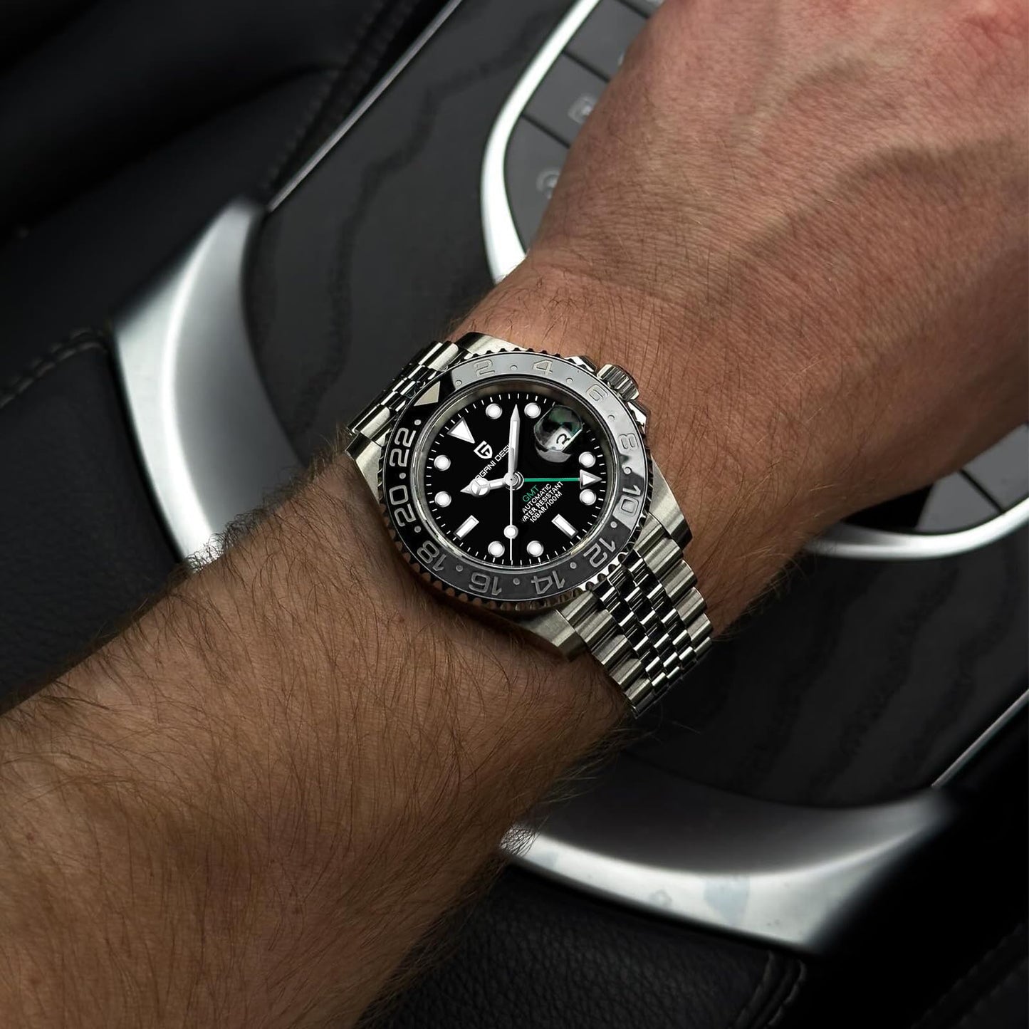 Pagani Design GMT Orologio da Uomo Orologio Meccanico Automatico Acciaio Inossidabile Impermeabile 100M, Data, Luminoso, Lunetta in Ceramica, Vetro Zaffiro Orologi da Polso