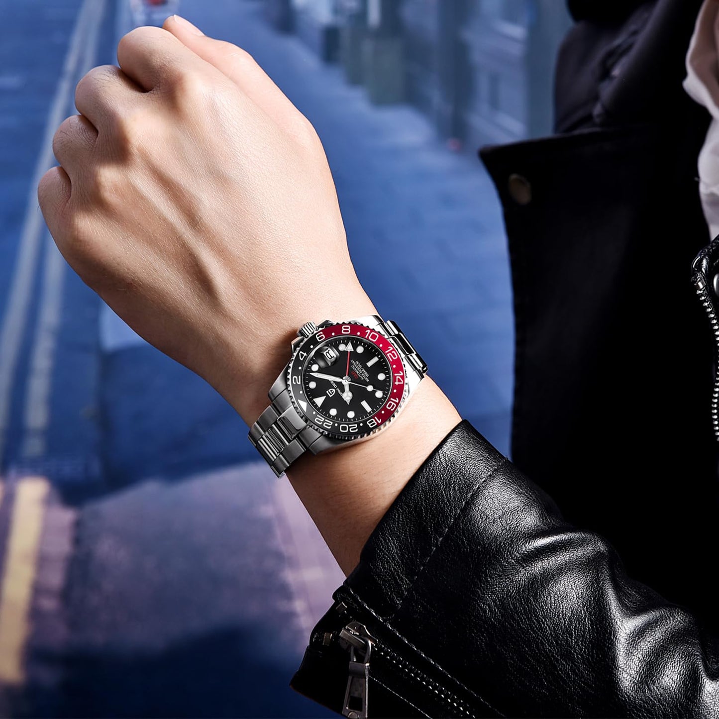 Pagani Design GMT Orologio da Uomo Orologio Meccanico Automatico Acciaio Inossidabile Impermeabile 100M, Data, Luminoso, Lunetta in Ceramica, Vetro Zaffiro Orologi da Polso