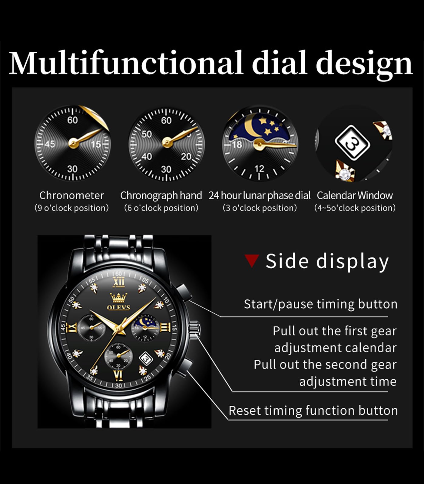 OLEVS Male Wrist Watches, Analog Quartz Business Stainless Steel Waterproof Luminous Watches Luxury Casual Big Diamond Dial Date Multi-Function Chronograph Watches for Man