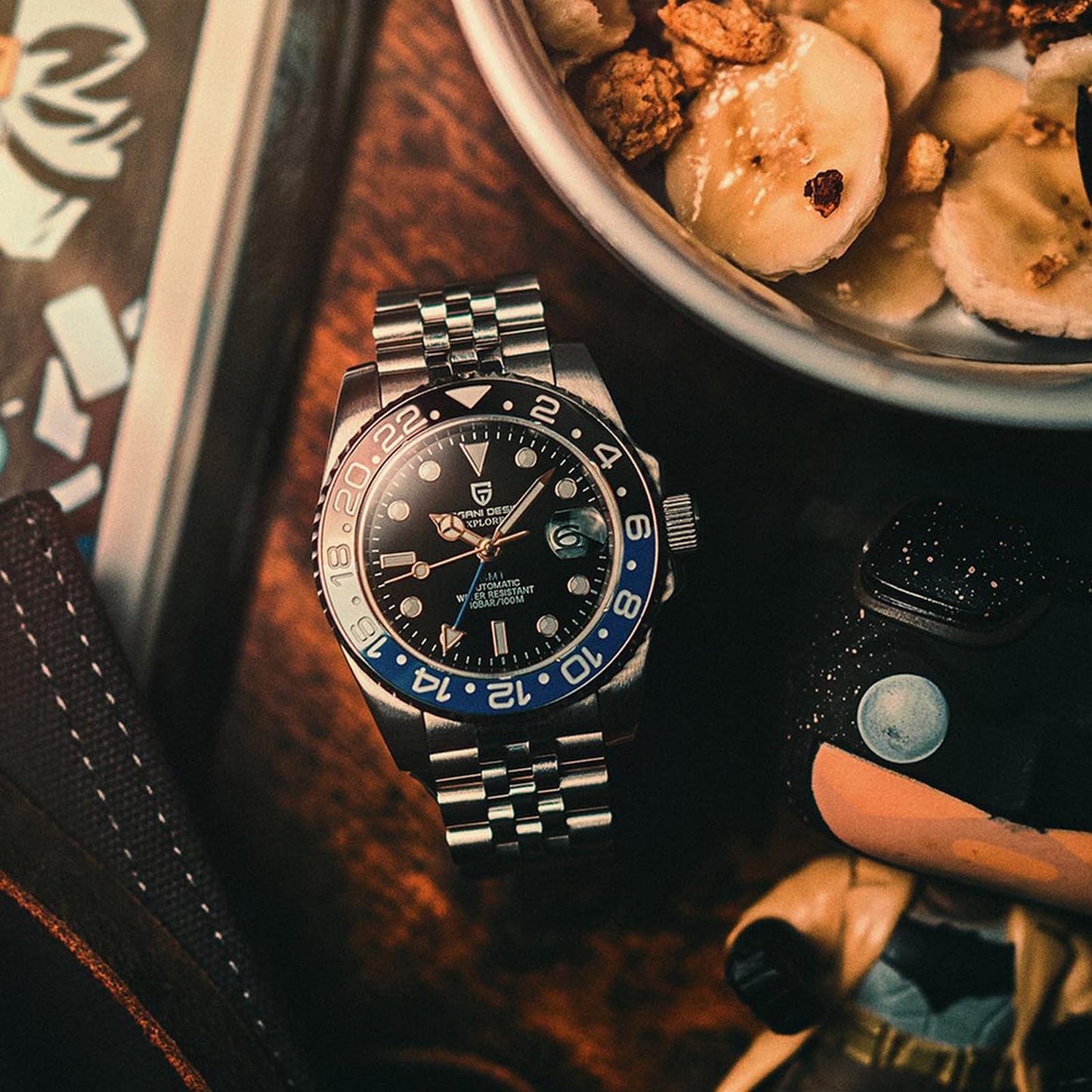 Pagani Design GMT Orologio da Uomo Orologio Meccanico Automatico Acciaio Inossidabile Impermeabile 100M, Data, Luminoso, Lunetta in Ceramica, Vetro Zaffiro Orologi da Polso