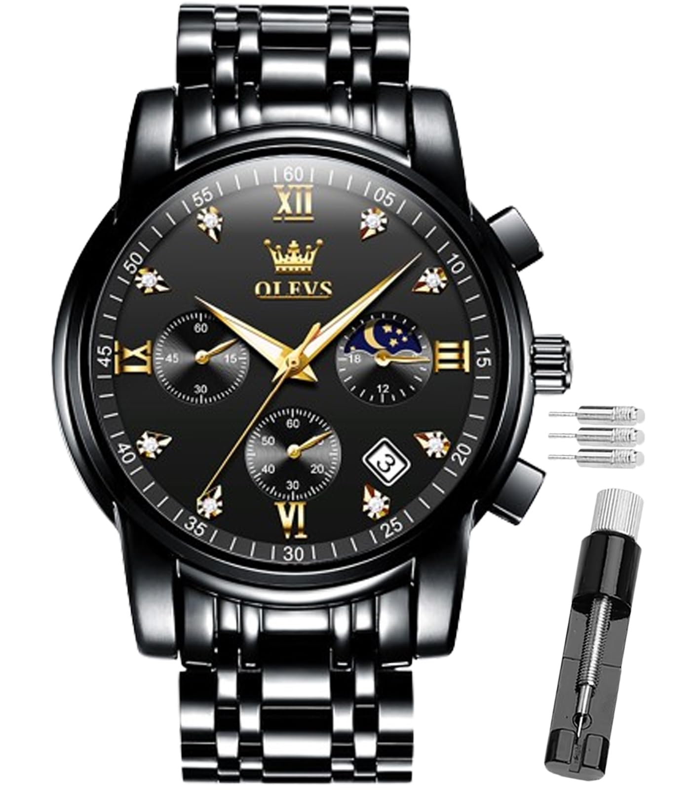 OLEVS Male Wrist Watches, Analog Quartz Business Stainless Steel Waterproof Luminous Watches Luxury Casual Big Diamond Dial Date Multi-Function Chronograph Watches for Man