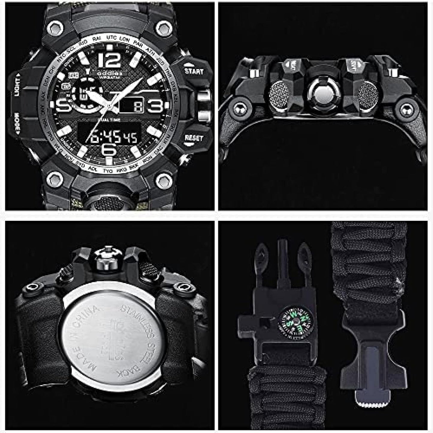 Orologio analogico militare, fischio esterno impermeabile luminoso da uomo bussola orologio da arrampicata multifunzione con cavo per ombrello, cronometro orario a doppio display