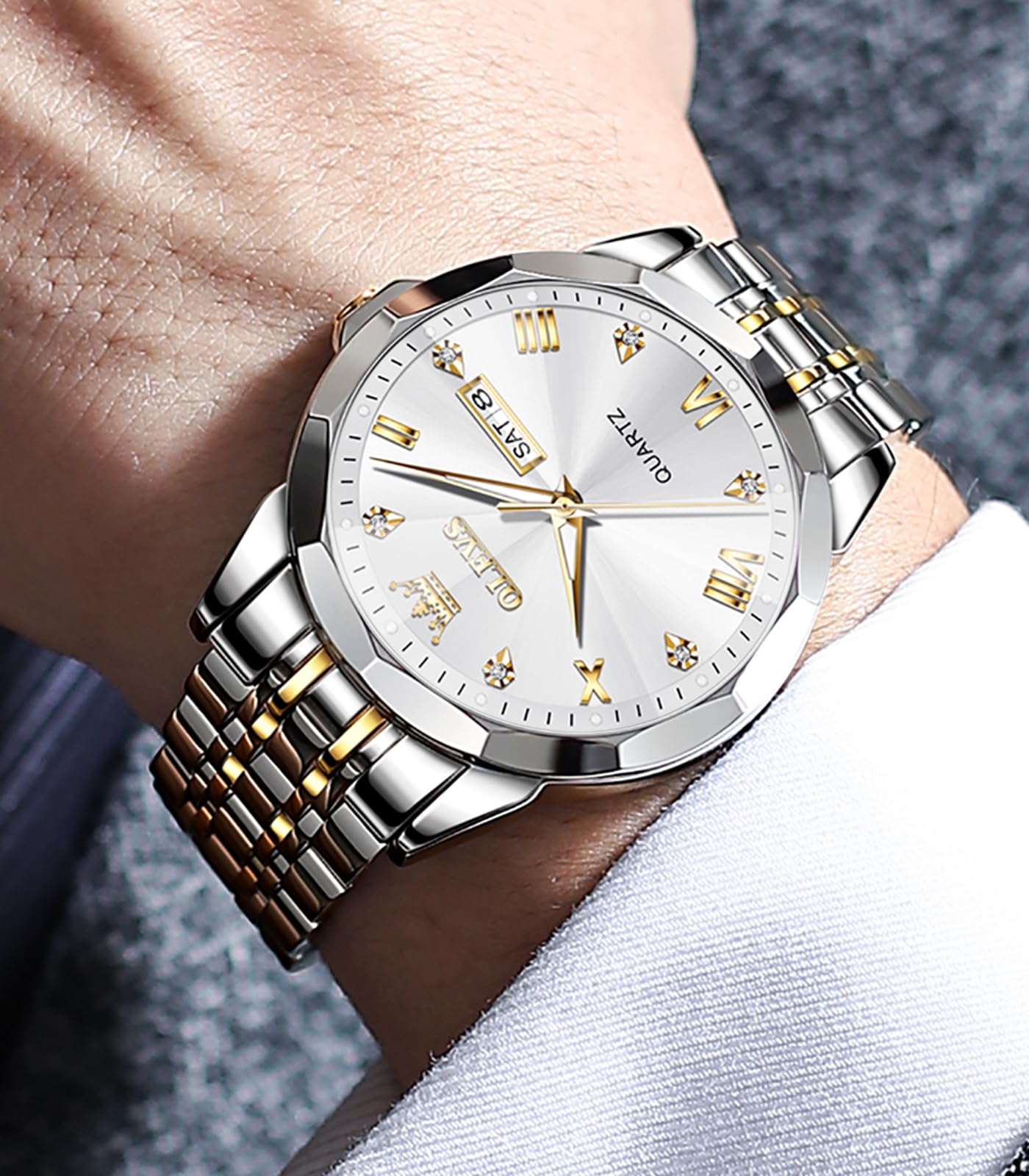 OLEVS Male Wrist Watches, Analog Quartz Business Stainless Steel Waterproof Luminous Watches Luxury Casual Big Diamond Dial Date Multi-Function Chronograph Watches for Man