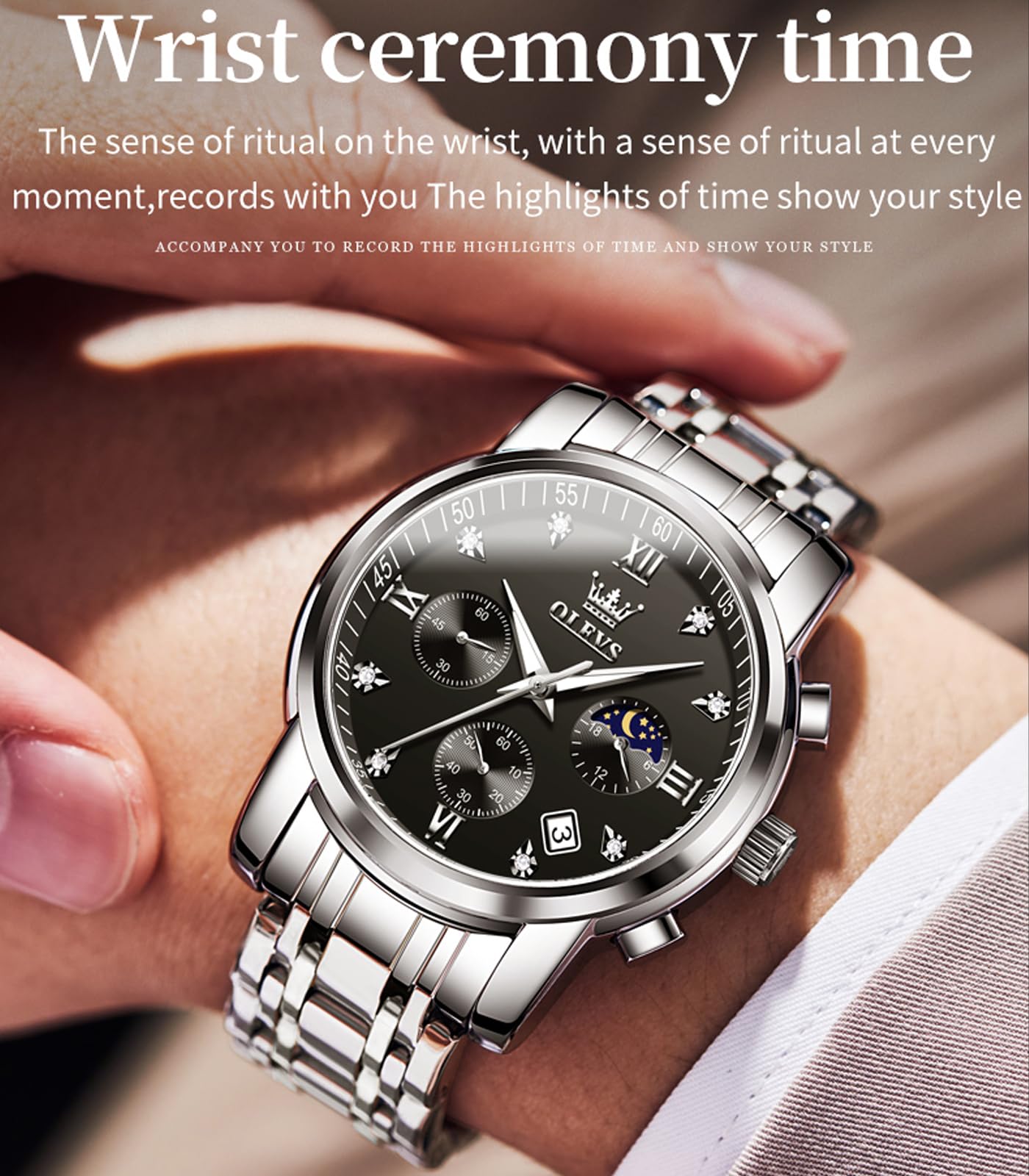 OLEVS Male Wrist Watches, Analog Quartz Business Stainless Steel Waterproof Luminous Watches Luxury Casual Big Diamond Dial Date Multi-Function Chronograph Watches for Man