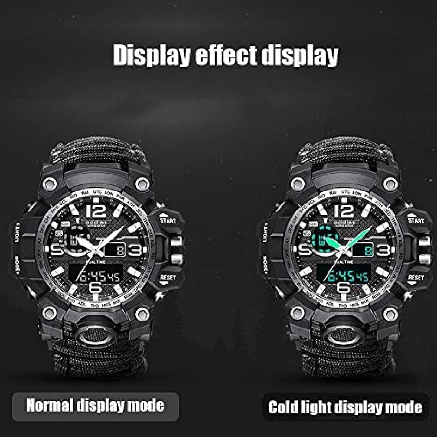 Orologio analogico militare, fischio esterno impermeabile luminoso da uomo bussola orologio da arrampicata multifunzione con cavo per ombrello, cronometro orario a doppio display