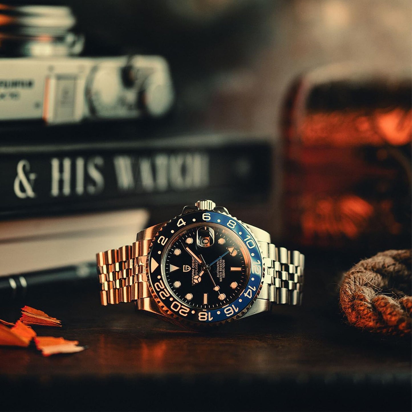 Pagani Design GMT Orologio da Uomo Orologio Meccanico Automatico Acciaio Inossidabile Impermeabile 100M, Data, Luminoso, Lunetta in Ceramica, Vetro Zaffiro Orologi da Polso
