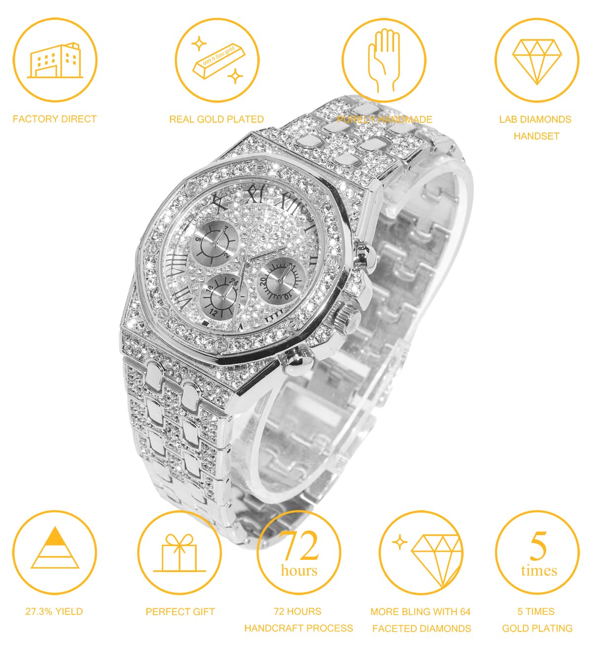 HALUKAKAH Diamonds Gold Watch, Men's 18K Real Gold Plated/White Gold Platinum 40 mm Wide Roman Numerals Dial Quartz Strap 22 cm with Cuban Link Chain 20+45 cm Necklace Bracelet with Box