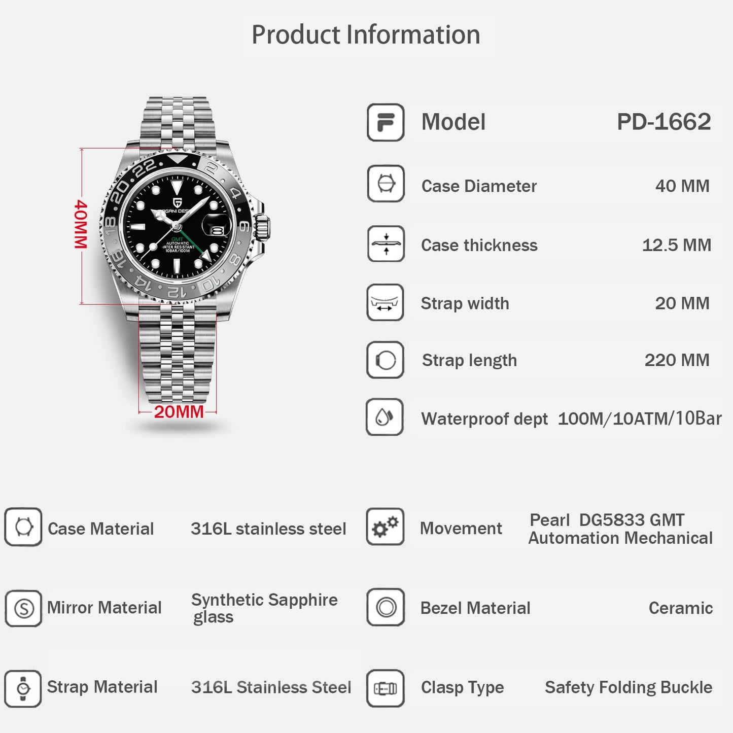 Pagani Design GMT Orologio da Uomo Orologio Meccanico Automatico Acciaio Inossidabile Impermeabile 100M, Data, Luminoso, Lunetta in Ceramica, Vetro Zaffiro Orologi da Polso