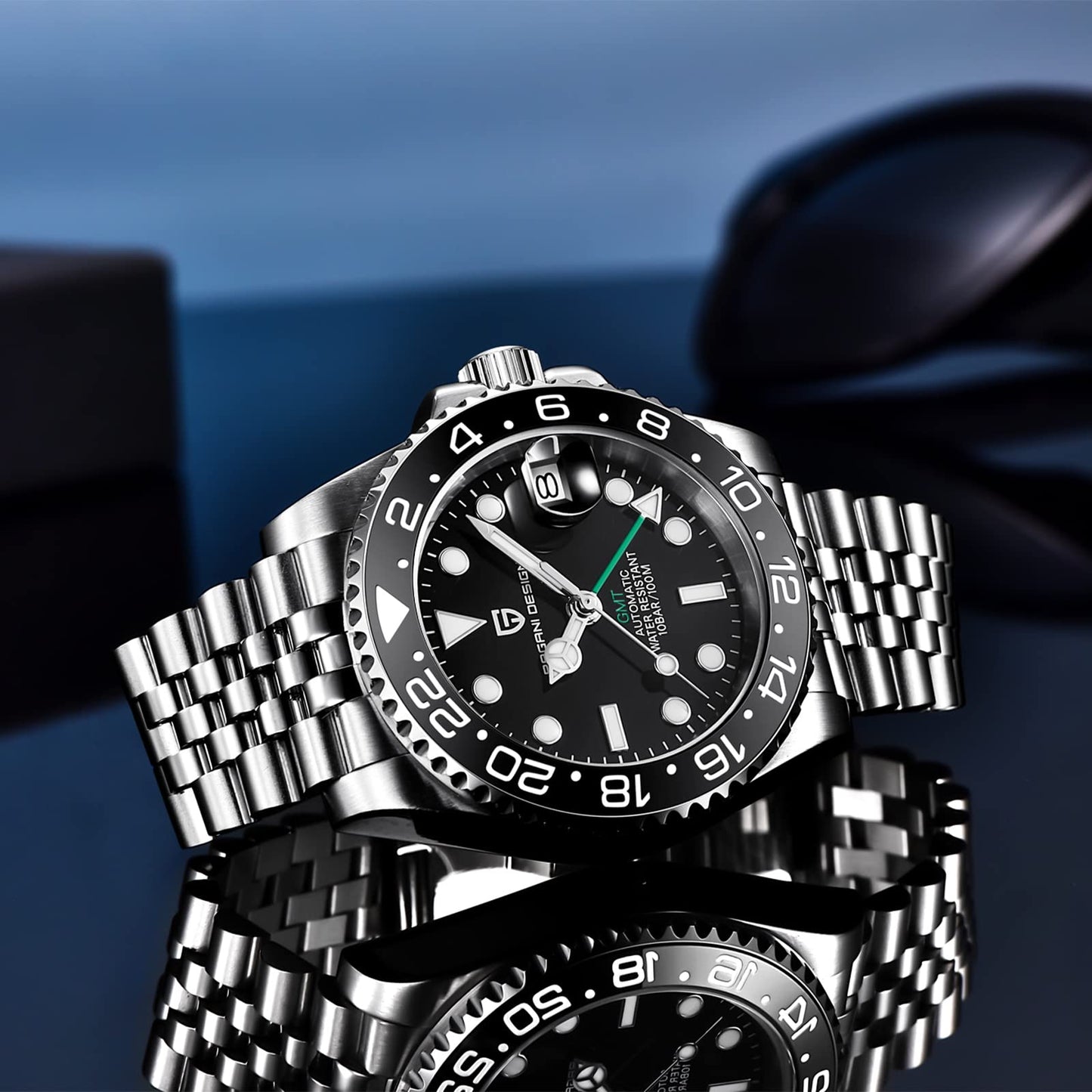 Pagani Design GMT Orologio da Uomo Orologio Meccanico Automatico Acciaio Inossidabile Impermeabile 100M, Data, Luminoso, Lunetta in Ceramica, Vetro Zaffiro Orologi da Polso