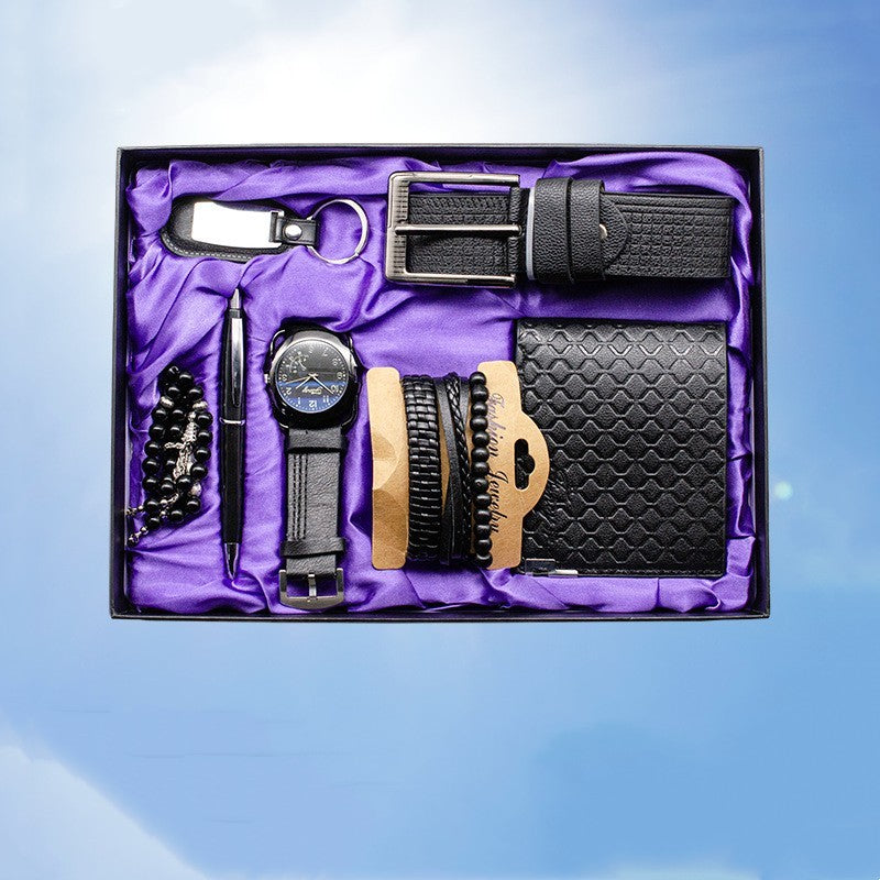Seven-piece Watch Wallet Belt Bracelet Keychain Beads Pen Sleeve Box Men's Gift Set