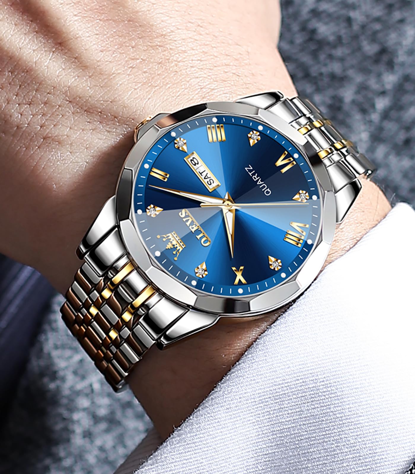 OLEVS Male Wrist Watches, Analog Quartz Business Stainless Steel Waterproof Luminous Watches Luxury Casual Big Diamond Dial Date Multi-Function Chronograph Watches for Man