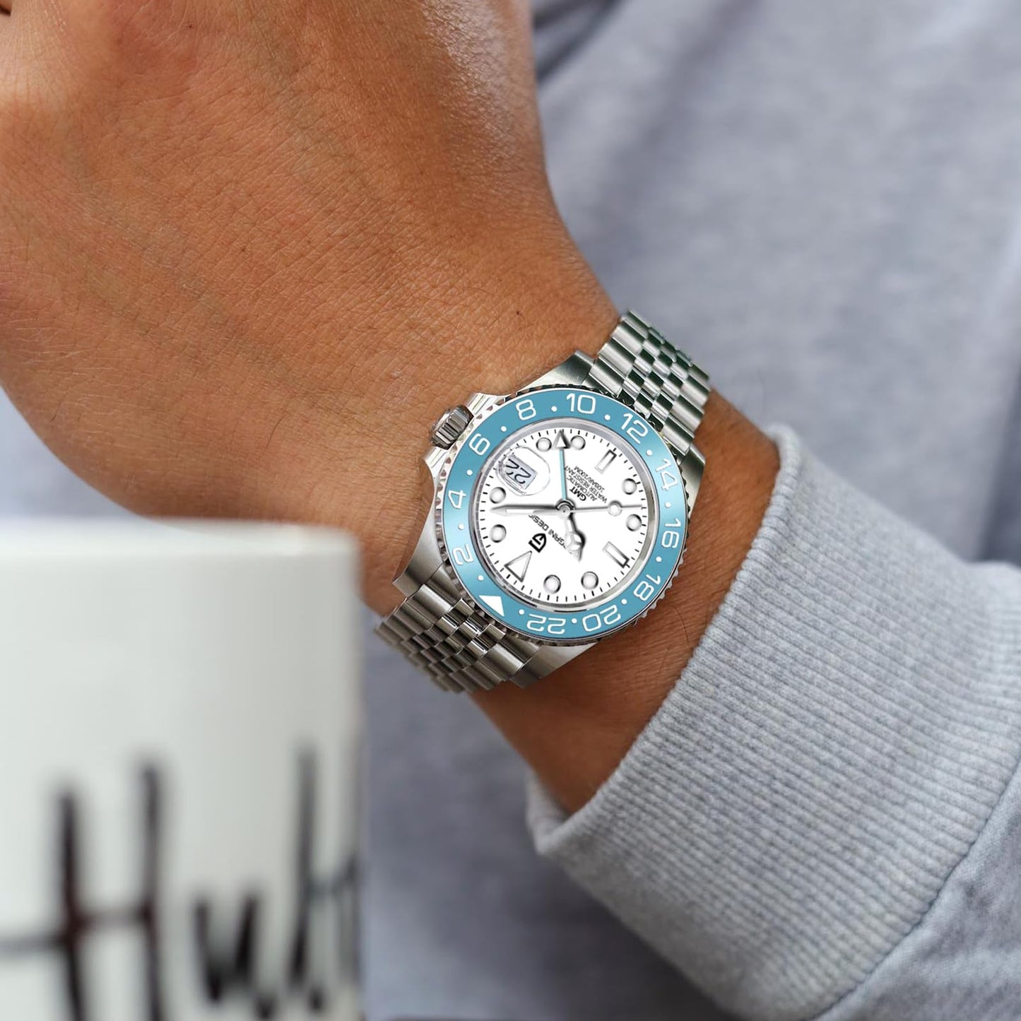 Pagani Design GMT Orologio da Uomo Orologio Meccanico Automatico Acciaio Inossidabile Impermeabile 100M, Data, Luminoso, Lunetta in Ceramica, Vetro Zaffiro Orologi da Polso