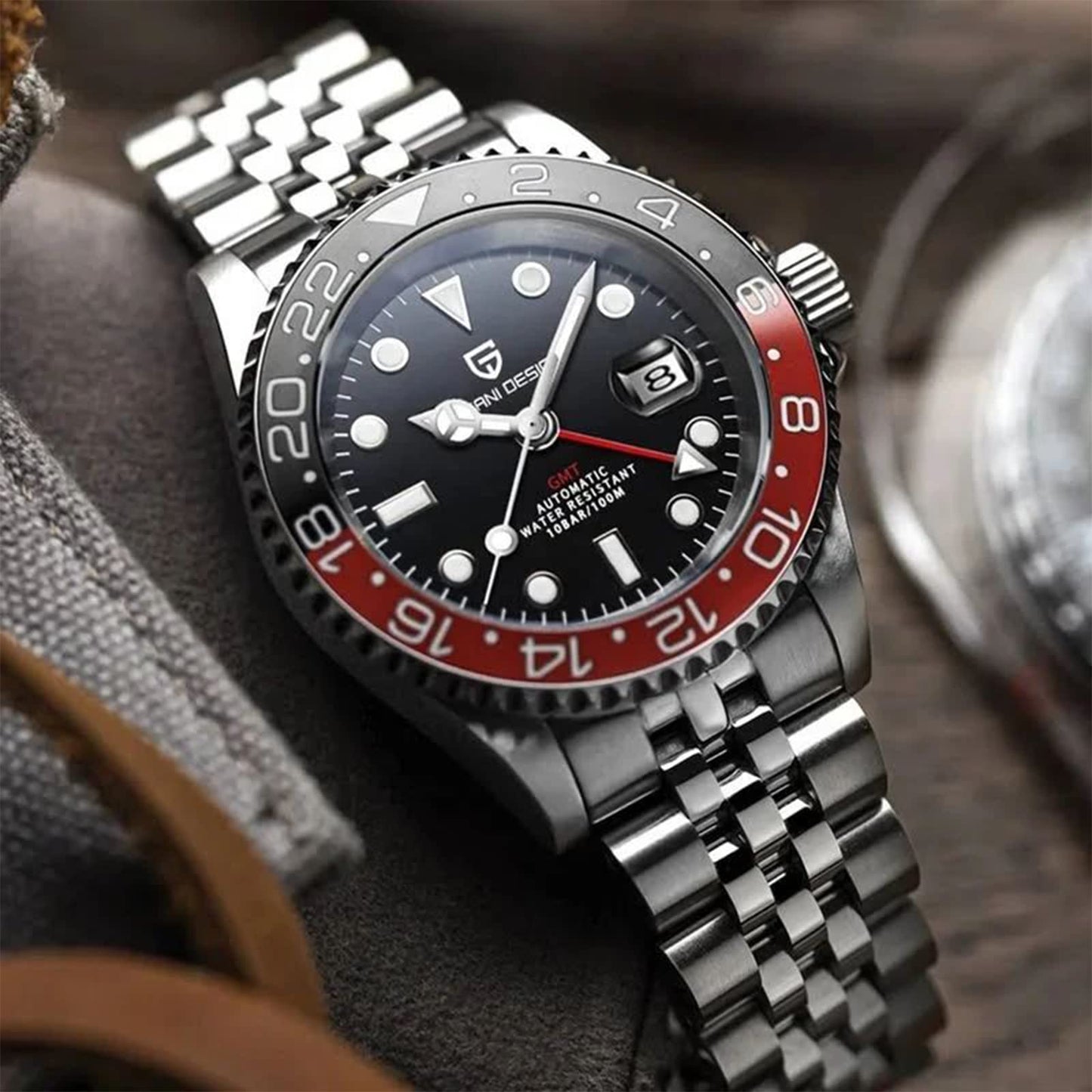 Pagani Design GMT Orologio da Uomo Orologio Meccanico Automatico Acciaio Inossidabile Impermeabile 100M, Data, Luminoso, Lunetta in Ceramica, Vetro Zaffiro Orologi da Polso