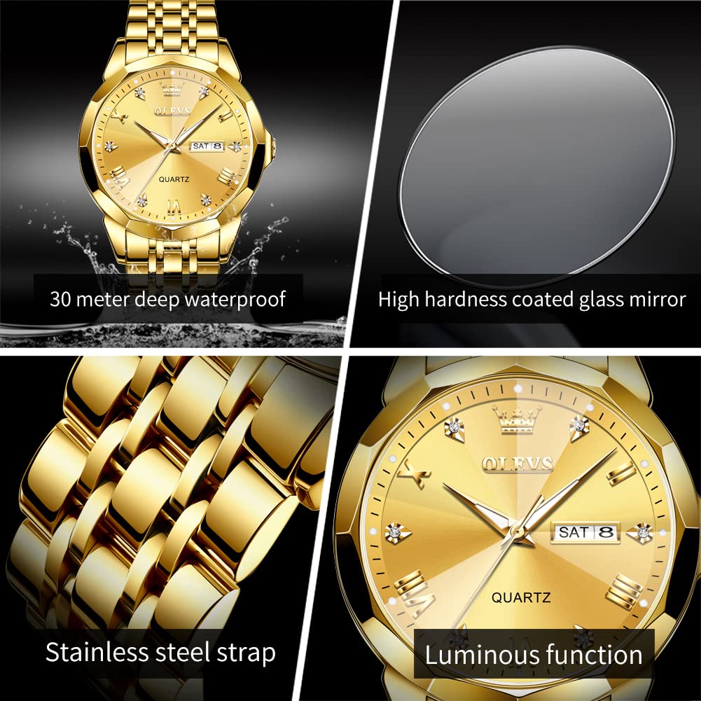 OLEVS Male Wrist Watches, Analog Quartz Business Stainless Steel Waterproof Luminous Watches Luxury Casual Big Diamond Dial Date Multi-Function Chronograph Watches for Man