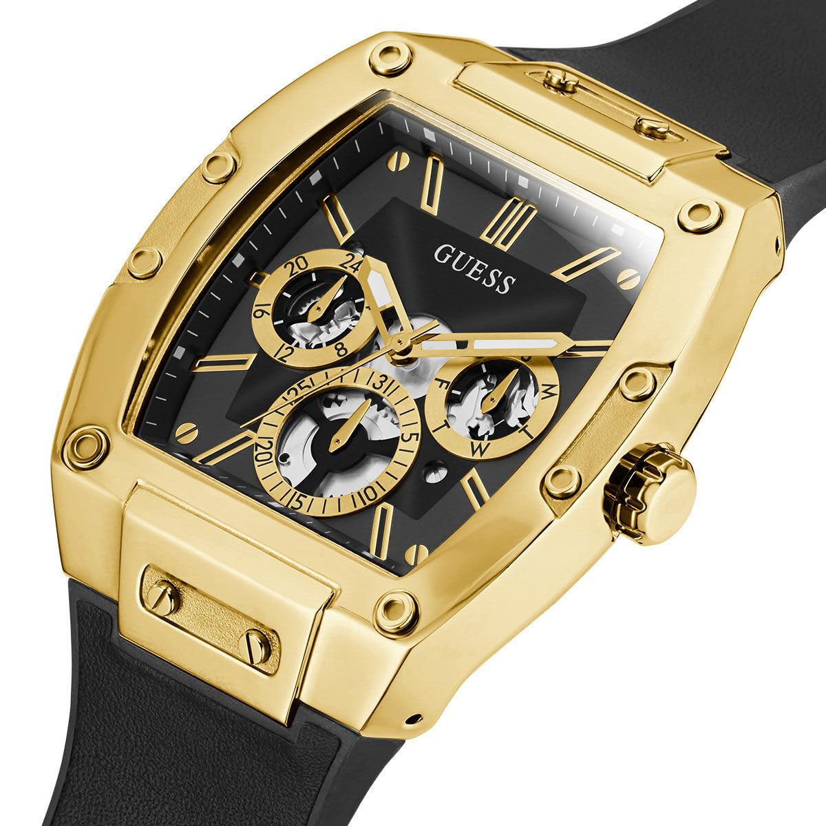 Guess US Men's Black and Gold-Tone Square Multifunction Watch, one