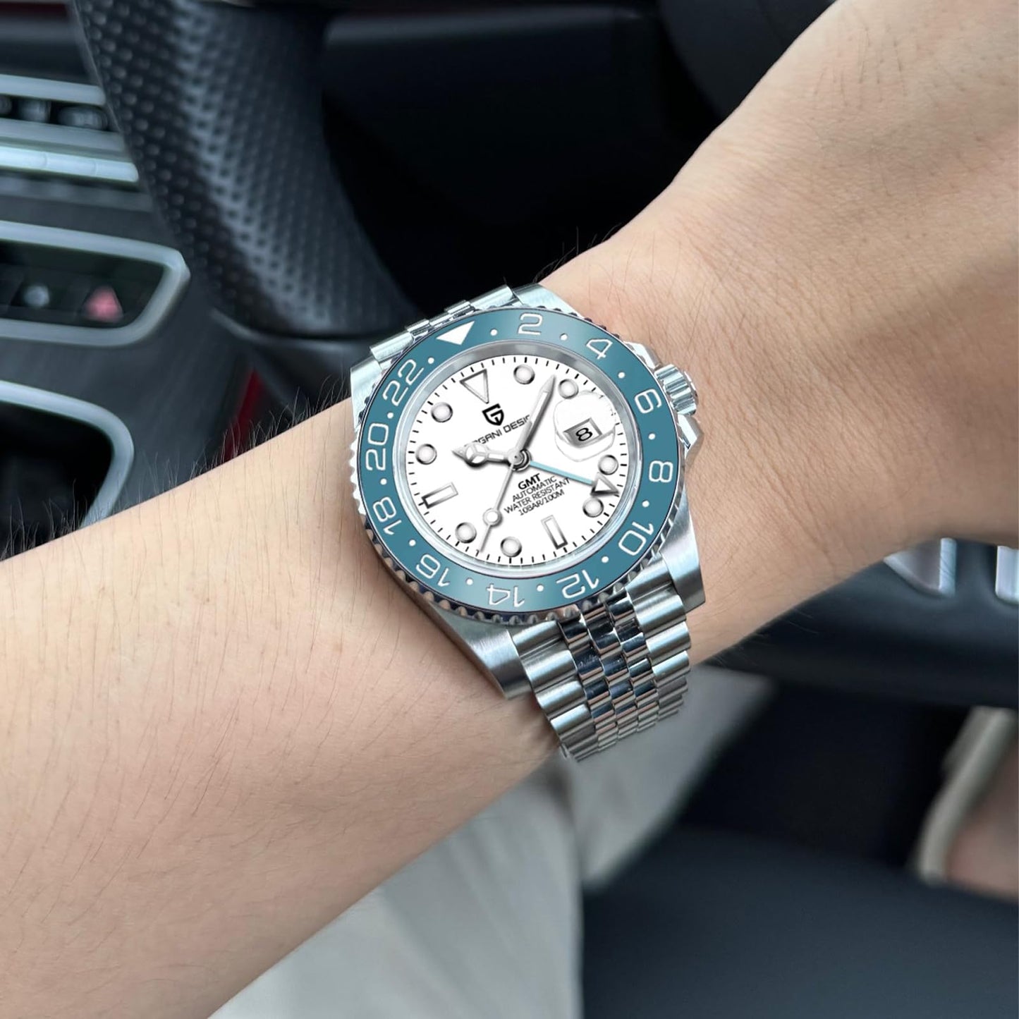 Pagani Design GMT Orologio da Uomo Orologio Meccanico Automatico Acciaio Inossidabile Impermeabile 100M, Data, Luminoso, Lunetta in Ceramica, Vetro Zaffiro Orologi da Polso