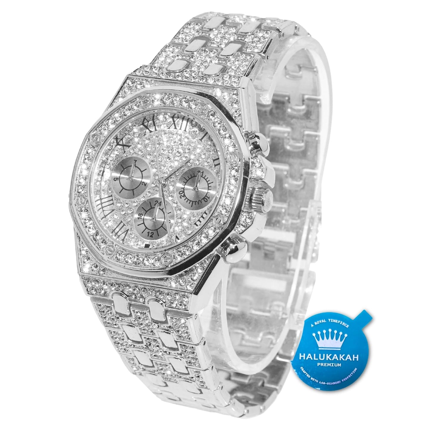 HALUKAKAH Diamonds Gold Watch, Men's 18K Real Gold Plated/White Gold Platinum 40 mm Wide Roman Numerals Dial Quartz Strap 22 cm with Cuban Link Chain 20+45 cm Necklace Bracelet with Box