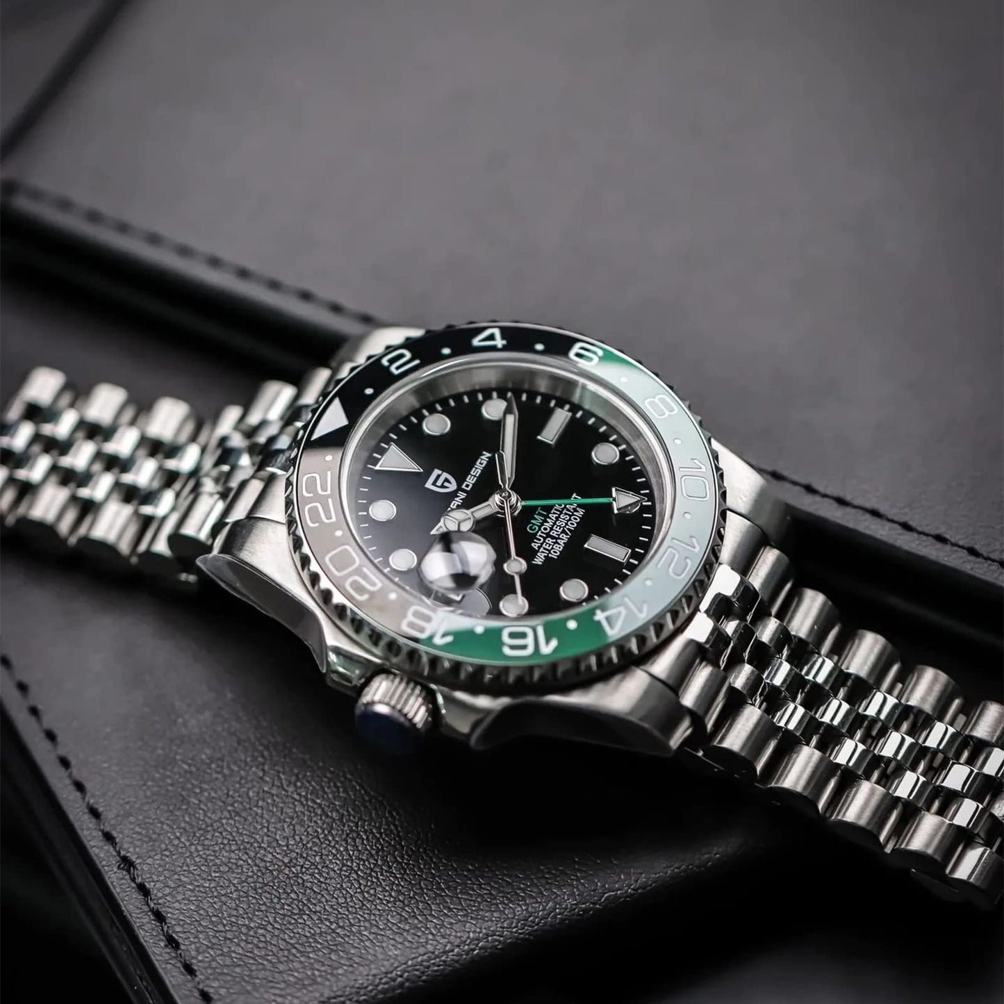 Pagani Design GMT Orologio da Uomo Orologio Meccanico Automatico Acciaio Inossidabile Impermeabile 100M, Data, Luminoso, Lunetta in Ceramica, Vetro Zaffiro Orologi da Polso