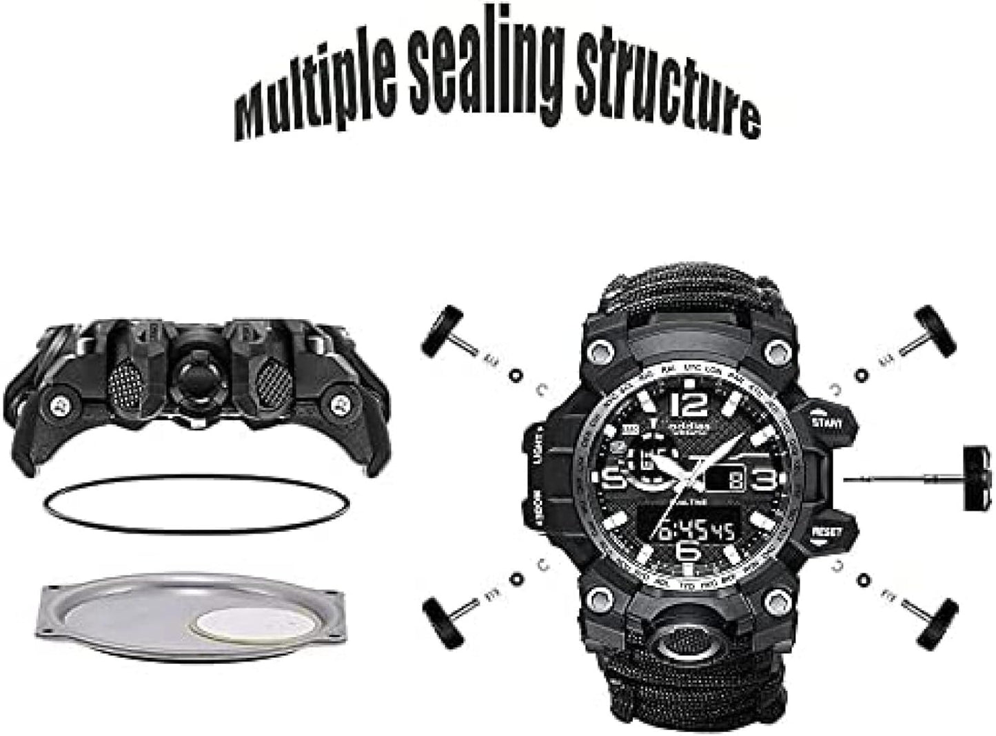 Orologio analogico militare, fischio esterno impermeabile luminoso da uomo bussola orologio da arrampicata multifunzione con cavo per ombrello, cronometro orario a doppio display
